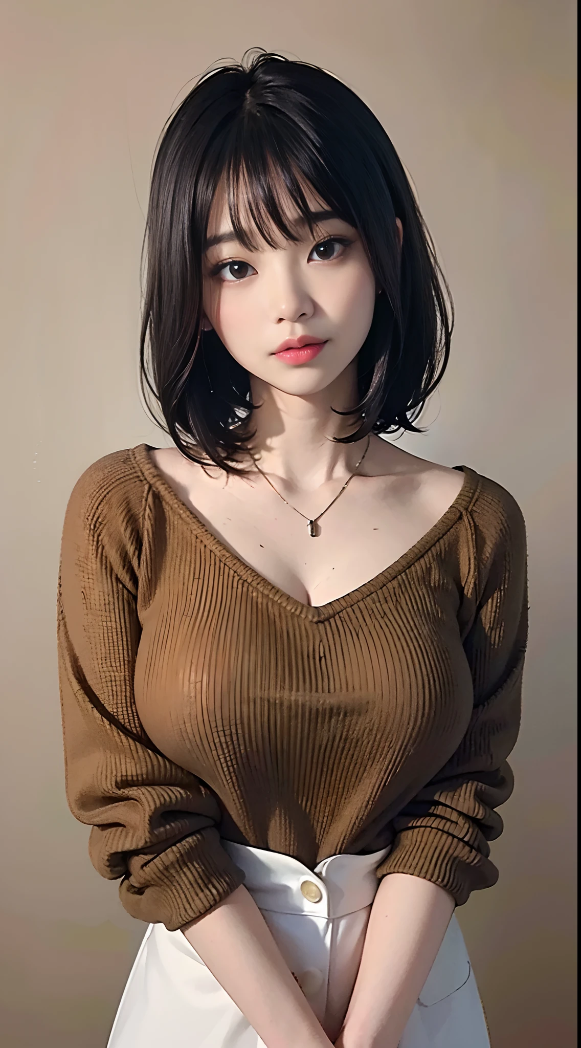 (top-quality、8k、32k、​masterpiece、UHD:1.2)、Photo of a cute Japanese woman、large full breasts、very short bobbed hair、sface focus、oversized_sweater、a necklace、simple background、From  above、looking at the viewers、tentaculata、put out the tongue、Drip lotion、rain falling、show through、