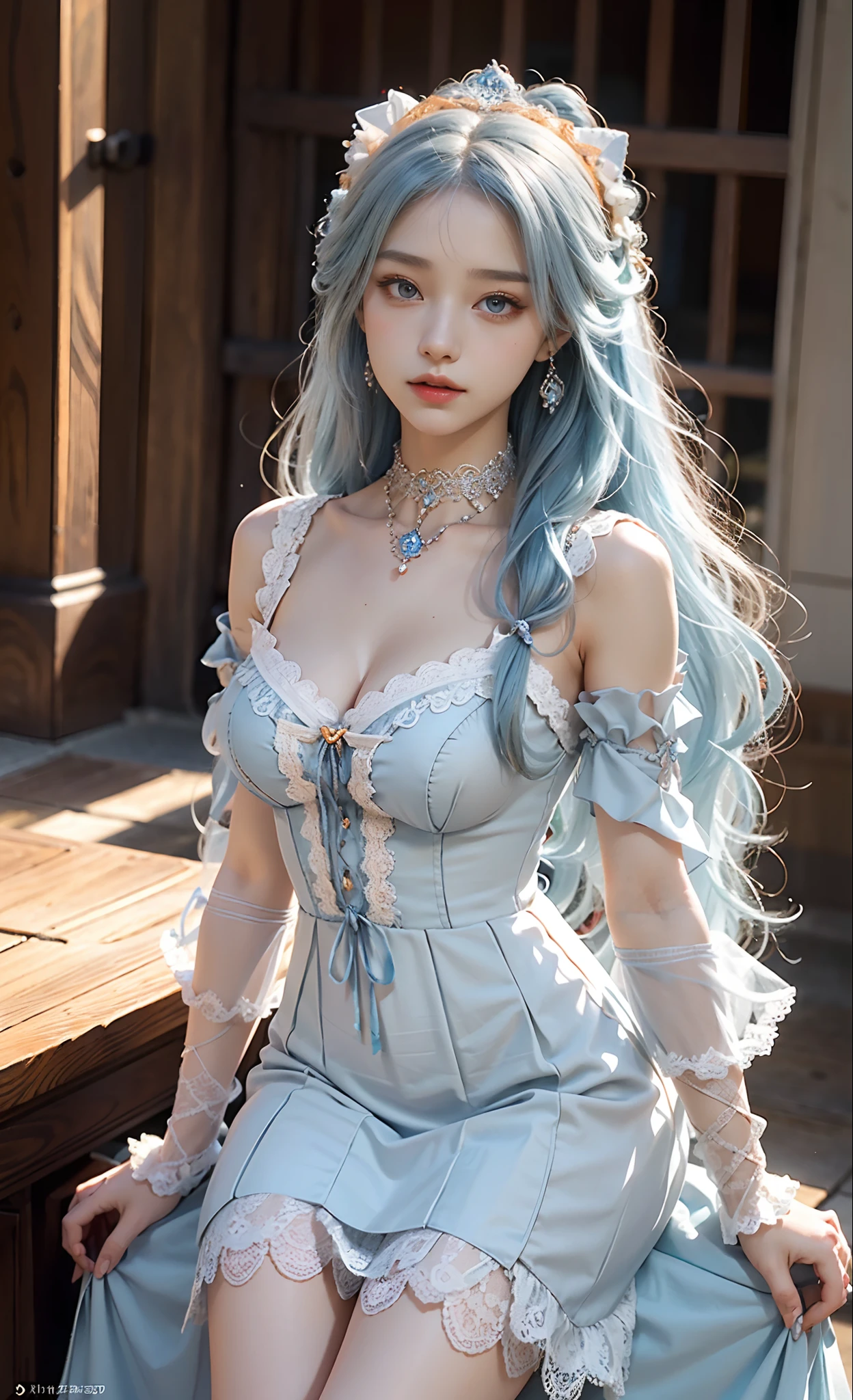 (raining day:1 girl with blue and white hair, Hold a wine glass,Girl), tmasterpiece, best qualtiy, RAW photogr, realisticlying, the face, Incredibly Ridiculous res, Beautiful elf beauty,Elf Princess,head chain,ear studs,Get wet all over, (Extra long blue and white),Lilac ta dress,light yarn,heeled sandals,depth of fields, A high resolution, ultra - detailed, filigree, RAWE is very detailed, very detailed eyes and faces, Sharp pupils, realistic pupil, tack sharp focus, cinmatic lighting,full bodyesbian,Bigboobs,long leges,From the front side,Throne on a snowy day,dynamicposes