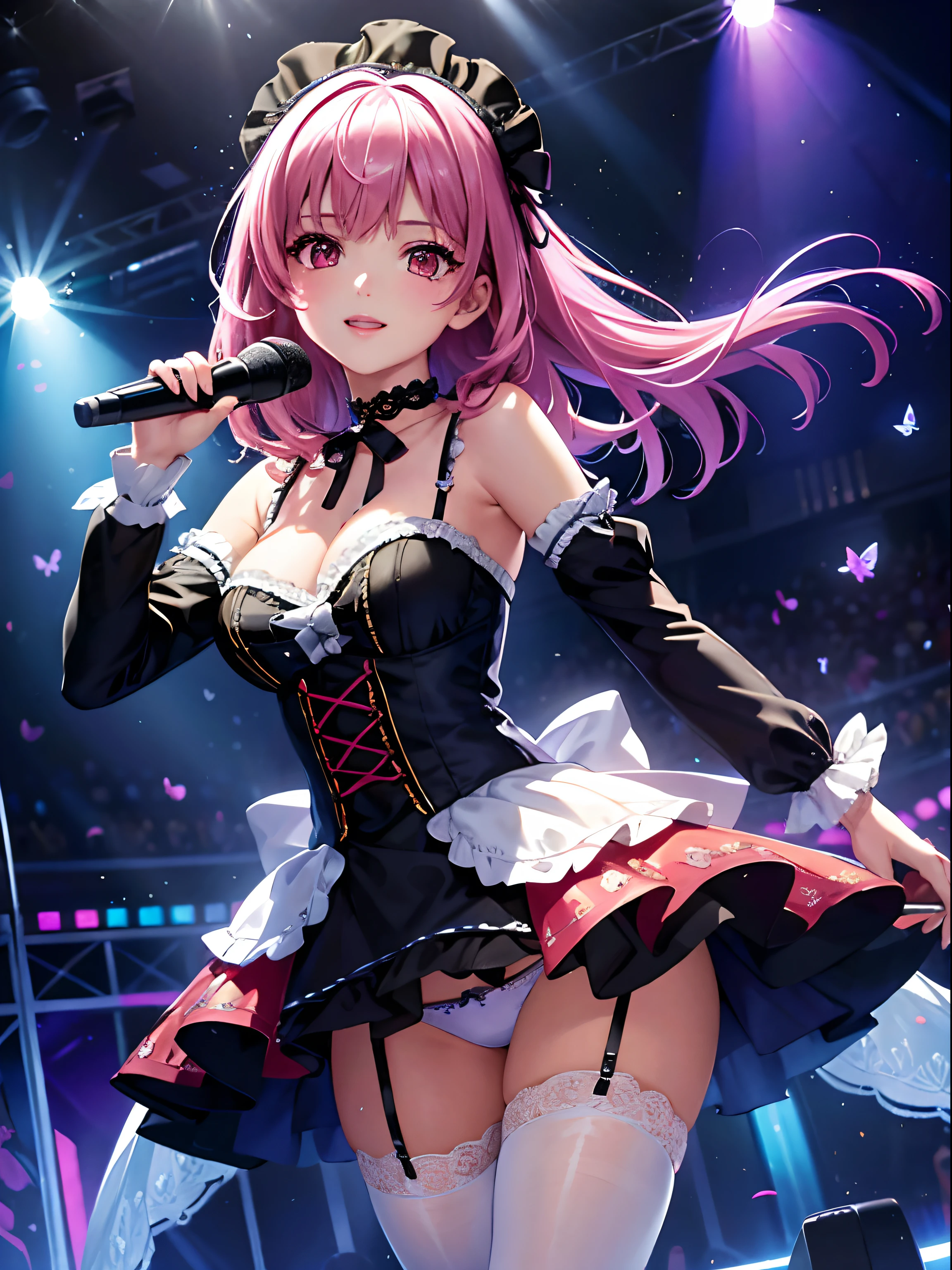 Illustration, movie light, high resolution, best quality, ultra detailed, detailed face, (detailed eyes), highest quality, super detail, masterpiece, (detailed face), pretty face, best smile, sexy mature woman, transparent (ta fashion: 1.5) cloth, ultra detailed embroidery, floating cloth, see-through, choker, open cross, NSFW, high heels, red eyes, neon small shiny hair ends, D cups, cleavage, AI fantasy concert, glowing lighting with neon details, (singing holding the microphone with left hand: 15), Singing with butt sticking out: 5, Idol, (Live stage: 1.15) To the packed audience in the background, reflection of light, heart-shaped iris, playful eyes, open shoulders, rain, (wet body), small glowing butterflies, hair jewelry, panties, ( Cute white string panties with ultra-detailed embroidered ribbon)