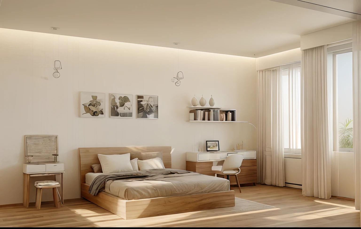 modern bedroom , wooden floor, plants, White ceiling ,morning sunshine, masterpiece, best quality