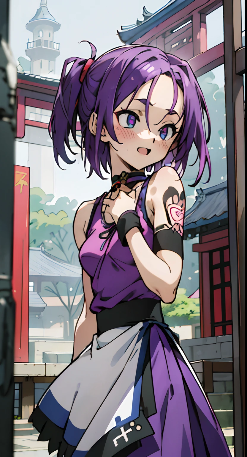 masutepiece, Best Quality, Ultra-detailed,Colorful,Up-close, Hyper-detailing,purple color hair, Ultra-realistic hair quality, Vibrant colors, Beautuful Women, Beautiful long hair, Shiny hair, detailed hairs, Reo Mikage, Blue Lock, no sleeves, Camisole and cheongsam, chinese clothes, Chest exposure, Lace underwear, Metamorphosis is exposed, Choker, Black Choker, arm warmer, Sexy breasts, The tattoo, arm tattoos, Dragon tattoo, arm tattoos, Tattoo on the wrist, hand tattoo, Big breasts, red blush, 1girl in, Solo, Sharp face, Heterochromia, Green eyes, Purple eyes, Red cheeks, Bare neck, Happy face, Opened mouth, rays of sunshine, Brave Sky, shanghai, China, castle