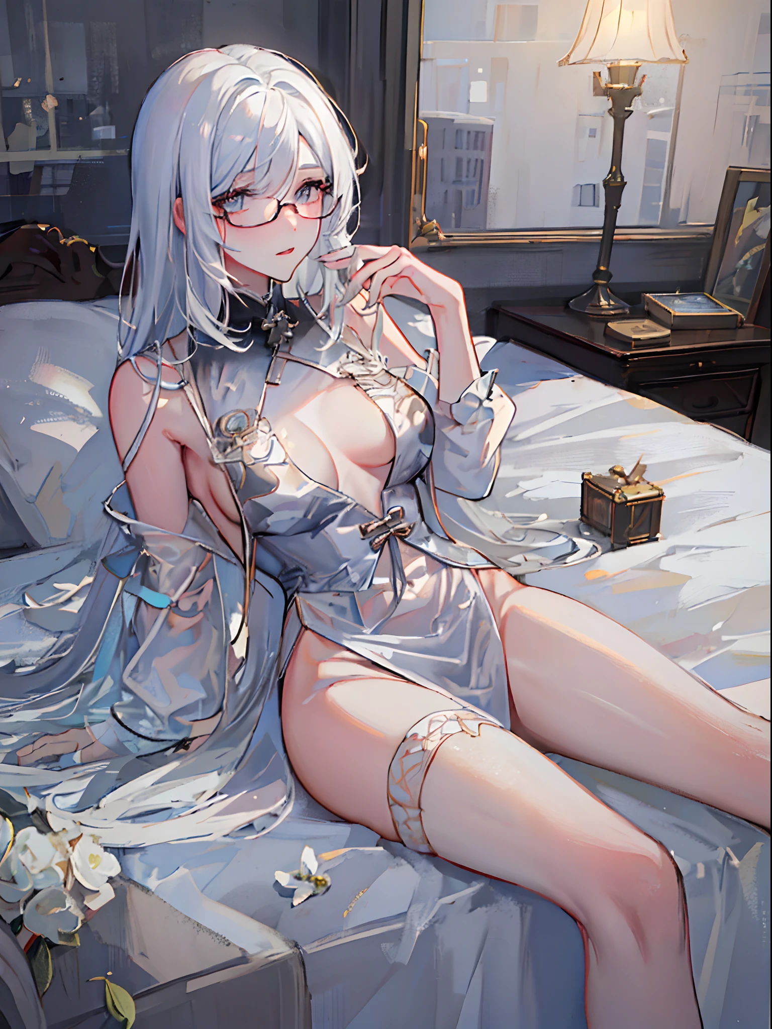 ((beautiful lighting, Best quality, 8K, Masterpiece: 1.3)), 1girl, Perfect body beauty, ((white hair)), (White dress: 1.4), (Indoor , night: 1.1),  (bed), Super Fine Face, Fine Eyes, Glasses, naughty look,Stockings cover the entire thigh