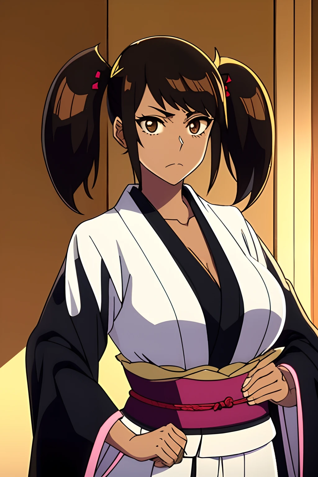 black kimono, shinigami, large breasts, brown hair, puffy twintails, neutral expression, katana on hip, cowboy shot, detailed, brown eyes, (((dark skin)))