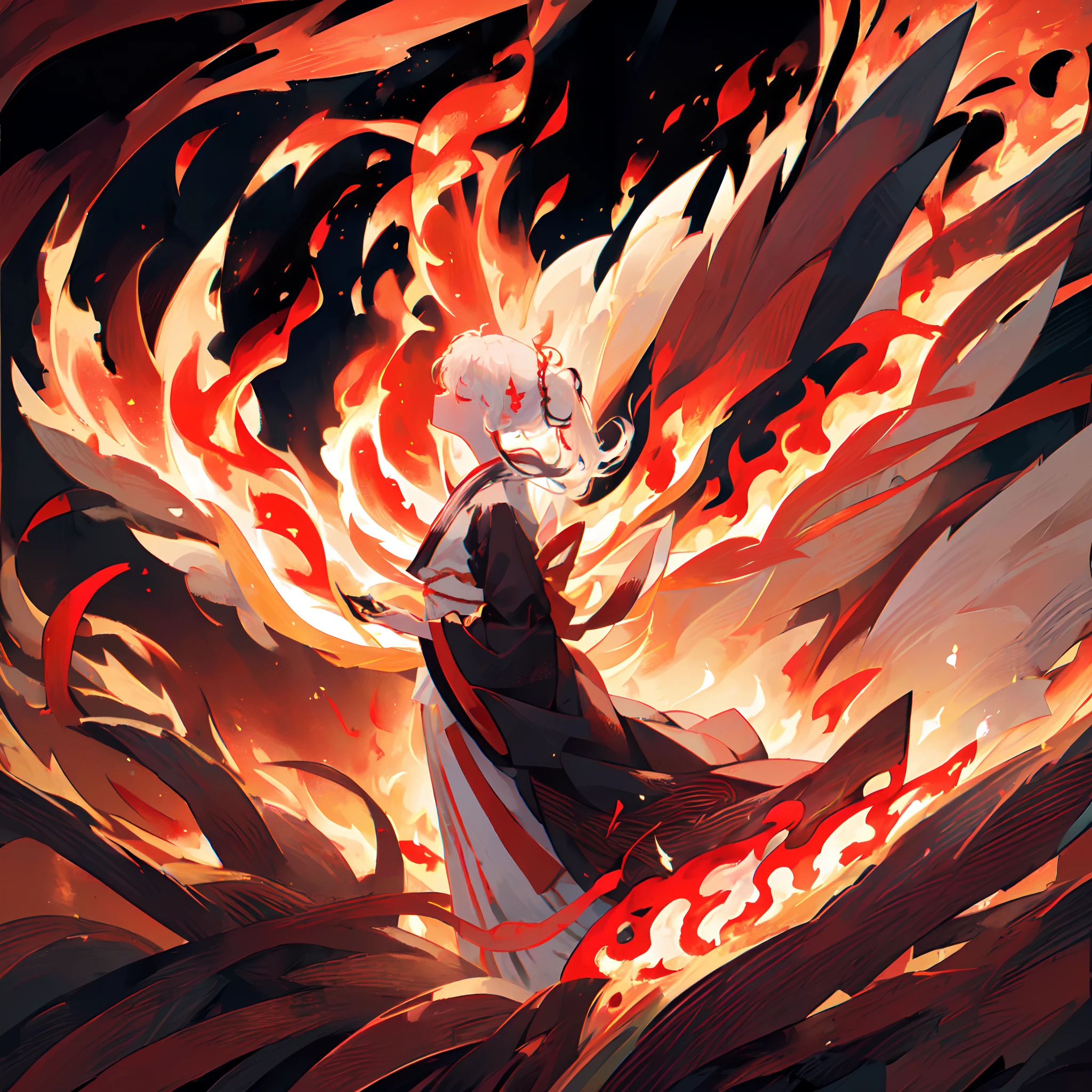 ((solo)), ((close-up side profile)) of a girl with (eyes closed), ((head tilted up)), white hair that is tied up, flowing hair, (burning flowers, fire), (lots of floating petals and flowers, motion blur), (black kimono, (red ribbons)), flowing cloth, (((red flames in background))), ((strong wind)), masterpiece, extreme details