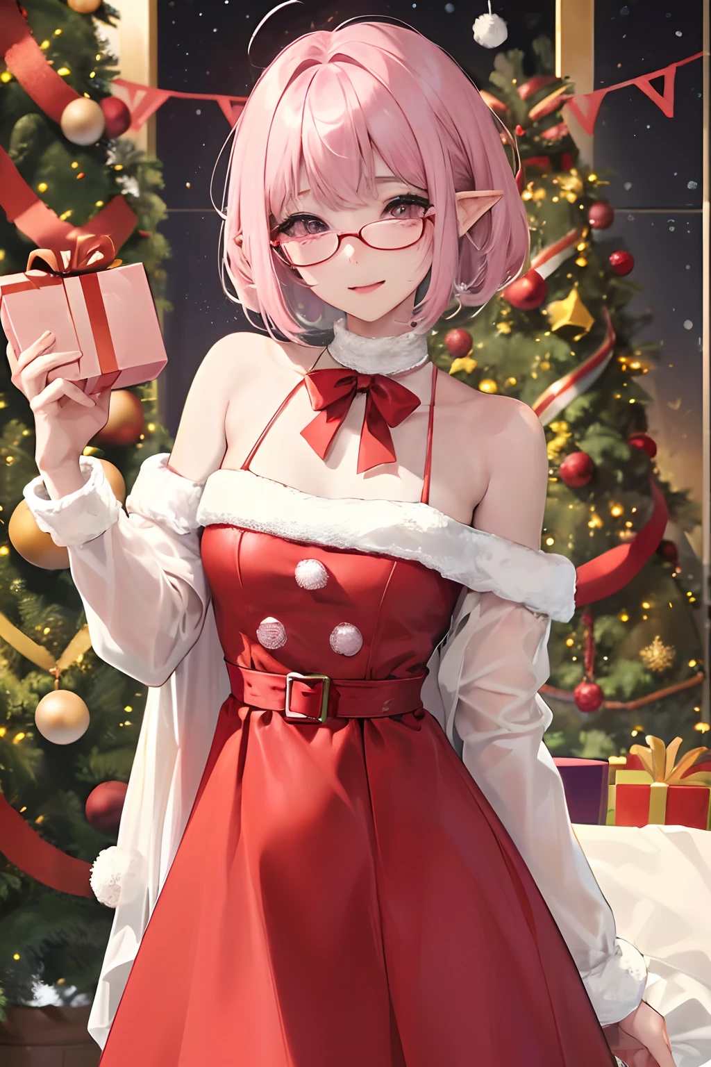 ​masterpiece、top-quality、Ultra Detail、,beautiful  lighting、１girl with、、６age、elementary hild、(((Christmas)))、(((Openft)))、(((Parti)))、(((Christmas tree)))、(((Merry Christmas)))、Red glasses(((Red glasses)))、little blush、Young Face、Small children、girl witshiny lip：1l eyes：1.1）、Wonderful mouth closed hair、short-hair、bob cuts、Platinum pink hair、Red glasses、Platinum pink eyes、elf-ears、Well-formed face、tiny chest、Smiling a little、masutepiece、Best Quality、High resolution、Cowboy Shot、From Side、Pale skin staring at the viewer、Curve、Blunt bangs、Best Smile、living room、Home party、(((party dress)))