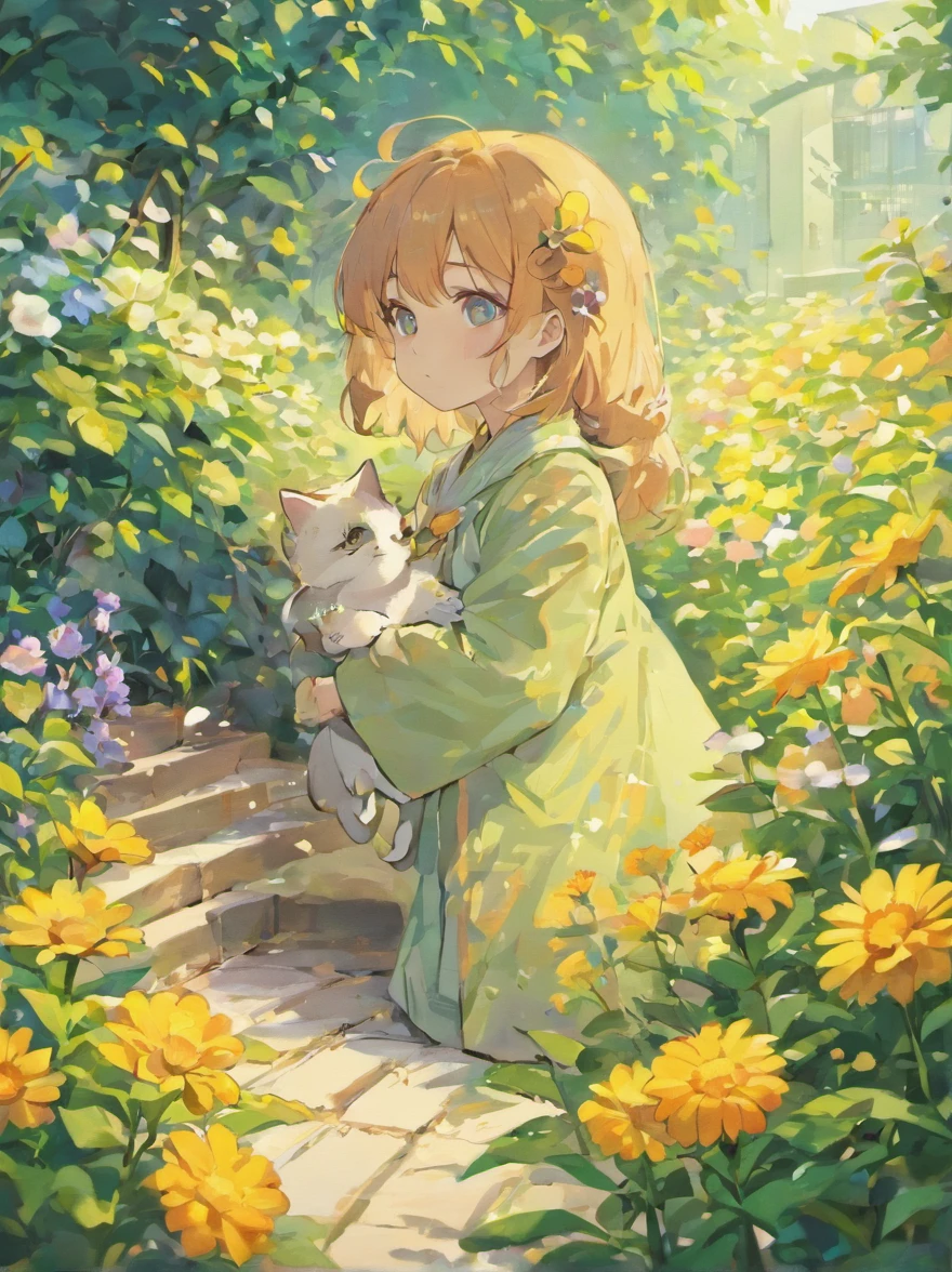 Cute cat、Flowers blooming in the garden