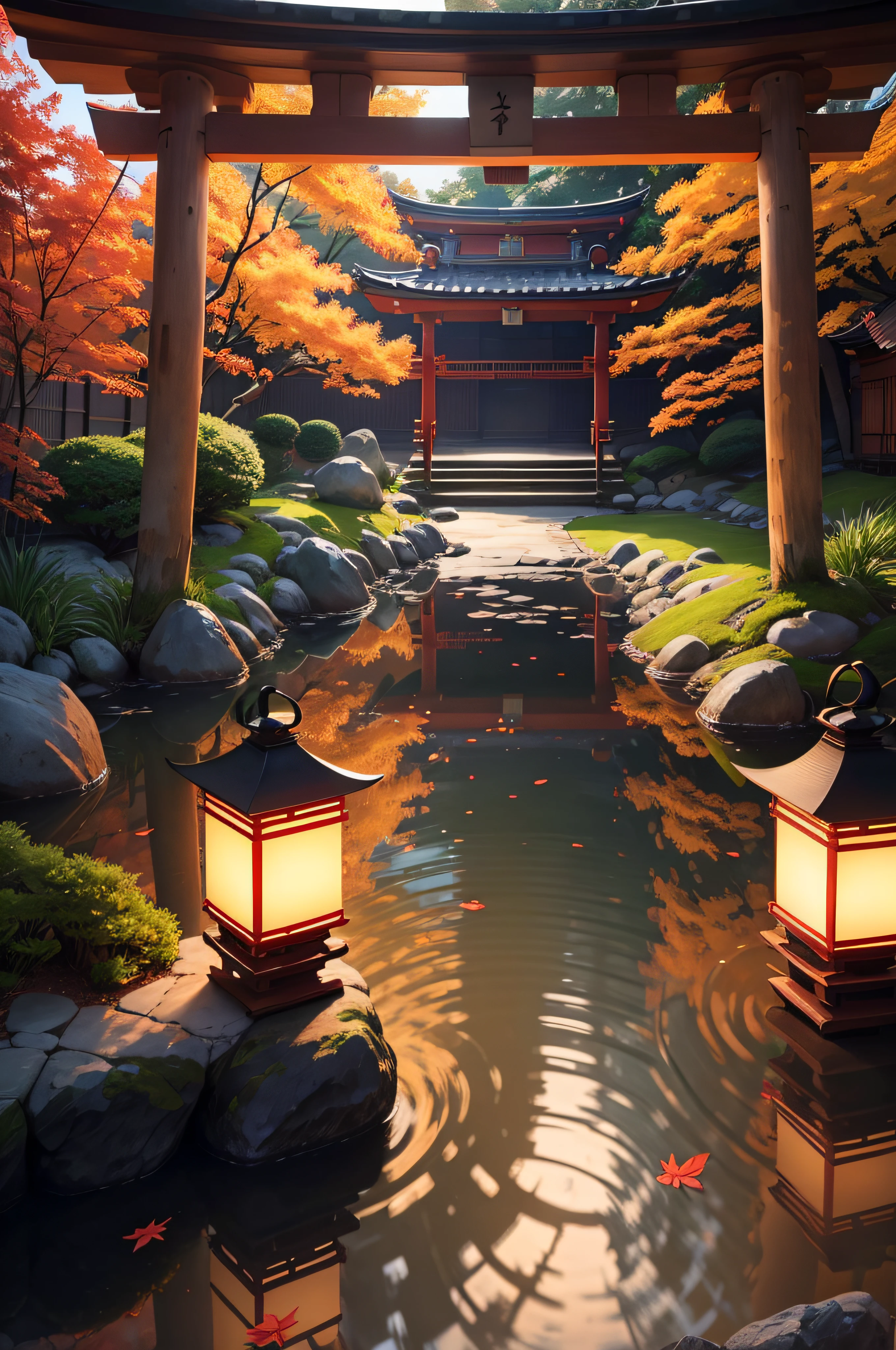 (Best Quality,4K,8K,hight resolution,masutepiece:1.2),Ultra-detailed,Realistic,Photorealistic:1.37, nffsw,nffsw,Girl in red kimono surrounded by bright autumn leaves,Tranquil Japanese Garden,beautiful detailed eyes and face,Traditional wooden architecture,Sparkling golden light,peaceful ambiance,Soft sunlight through the leaves,A faint scent of incense wafts in the air,The subtle sound of a bamboo flute echoing in the distance,Medium:traditional japanese painting,crimson and orange shades,,The subtle glow of lanterns illuminating the garden,Waterfall cascading down rocks,A small stone bridge over a quiet pond,Soft rustling of leaves under your feet,Kaleidoscope of colors,A breeze rustling in a girl's kimono,Endless rows of torii gates leading to sacred shrines in the distance,Quiet awe and tranquility,Artistic brush strokes that capture the essence of the moment.