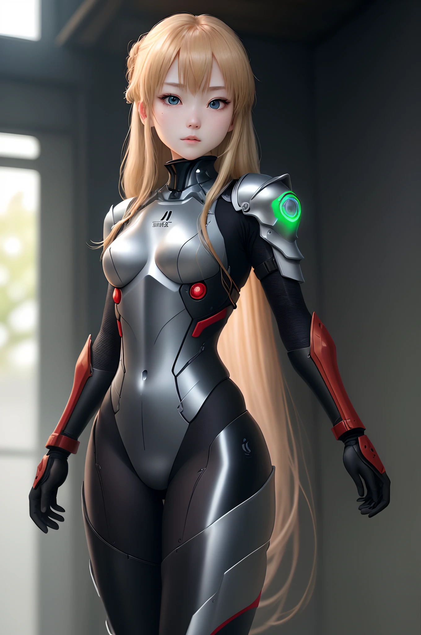 (A masterpiece:1.4、HighestQuali)、(intricately details)、Unity8k wallpapers、ultra - detailed、Beautiful and mysterious、Detailed background、hentail realism、Solo、Perfectly detailed face、Detailed blue eyes、highly detailed、face flushed、hair adornments、Chignon mahogany hair、(Blonde hair)、Plug Suit 02,Shikinami Asuka Langley, armor 、Slender 20 year old girl、Black banded eye patch on left eye、Full body suit、with black background、On the wais、green chest、Red jersey、White line on the arm,Perfect slim leg,8k ,