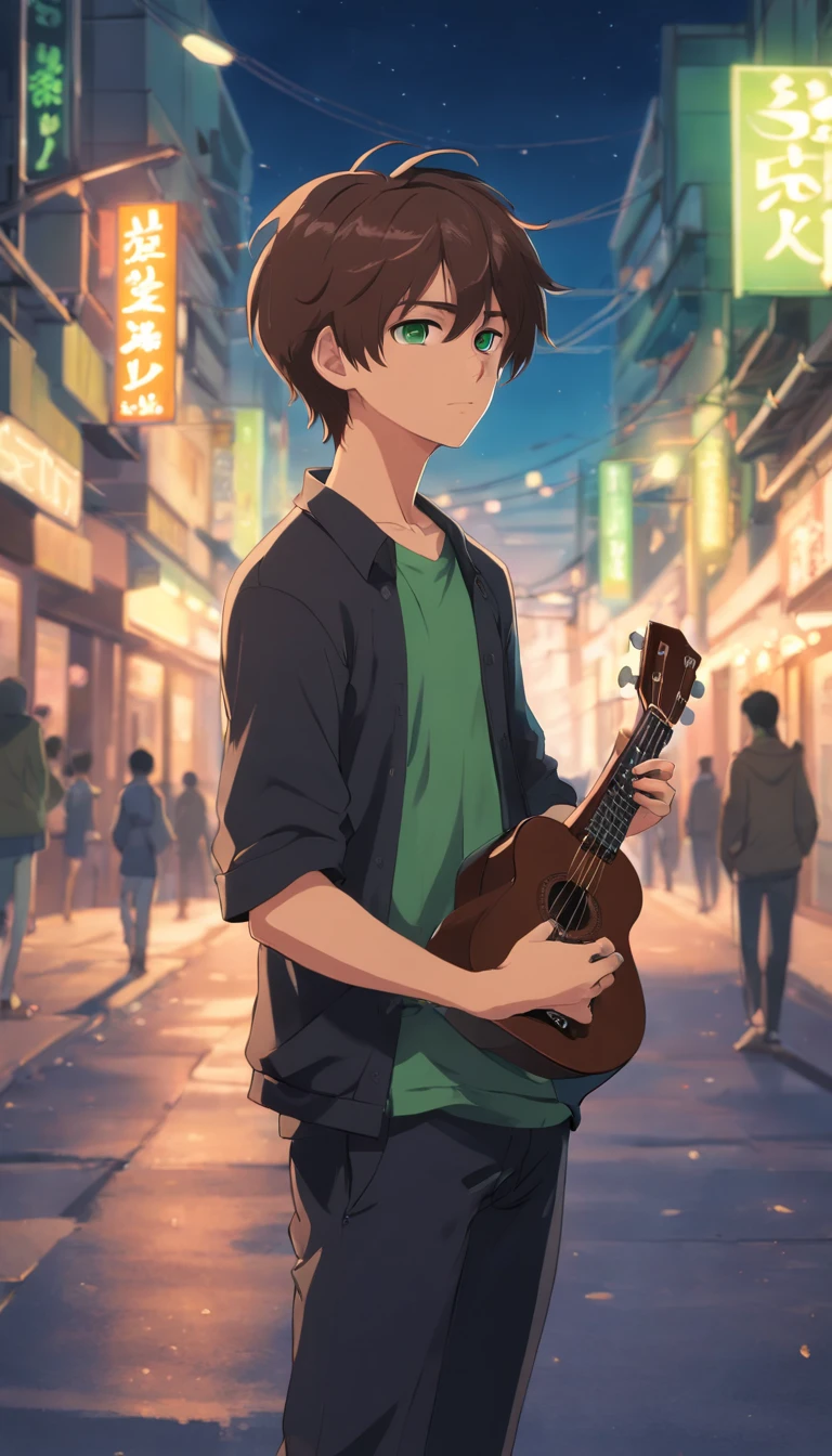 anime 20 year old boy, green eyes, brown hair, medium hair, 8k, detail image, wearing black outfit, sad, poor, shy, caring a ukulele, background should be in the streets full night.
