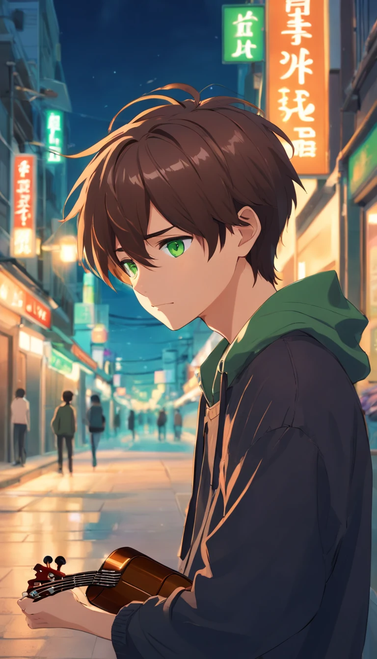 anime 20 year old boy, green eyes, brown hair, medium hair, 8k, detail image, wearing black outfit, sad, poor, shy, caring a ukulele, background should be in the streets full night.