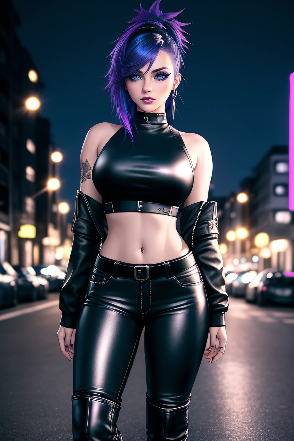 beautiful girl, full body, short bright blue dishevelled hair, black eyeshadow, (street style wear:1.2), ((tight fitted pants)), ((knee high leather boots)), (city night background:1.2), dark makeup, digital art, trending on artstation, highly detailed, fine detail, intricate, beautiful detailed glow, detailed, Cinematic light, high-res, detailed facial features, sharp focus, smooth, aesthetic,