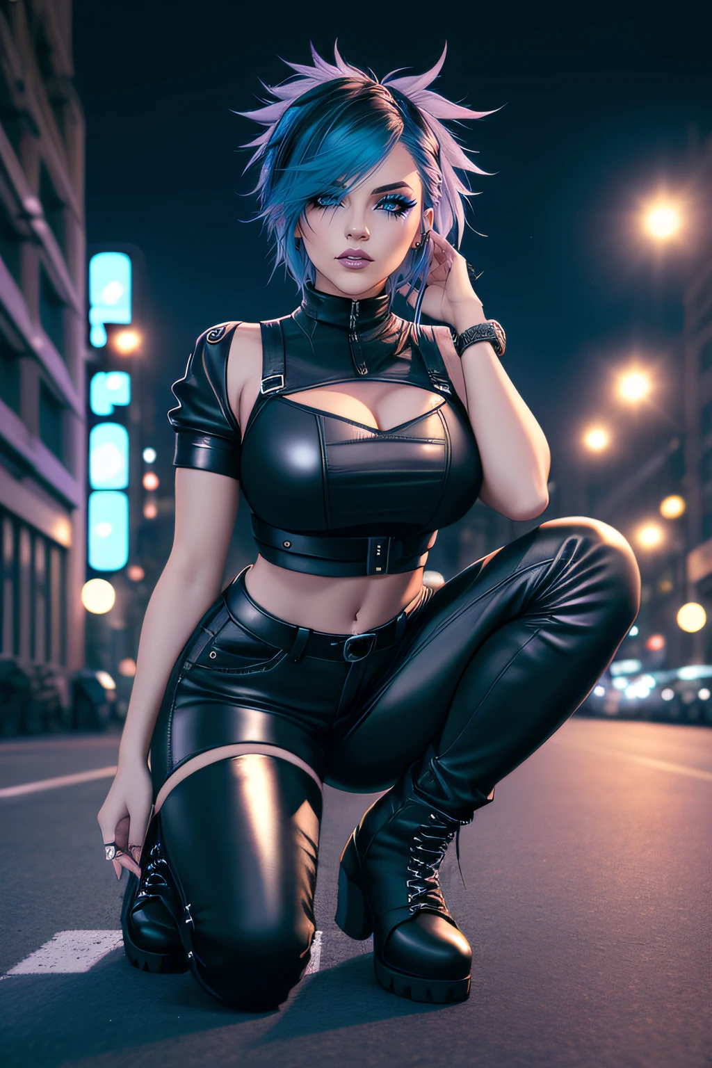 beautiful girl, full body, short bright neon streaked dishevelled hair, ((large blue realistic detailed eyes)), seductive pose, black eyeshadow, (street style wear:1.2), ((tight fitted pants)), ((knee high leather boots)), (dark city night black background:1.4), dark makeup, digital art, trending on artstation, highly detailed, fine detail, intricate,  beautiful detailed glow, detailed, Cinematic light, high-res, detailed facial features, sharp focus, smooth, aesthetic,