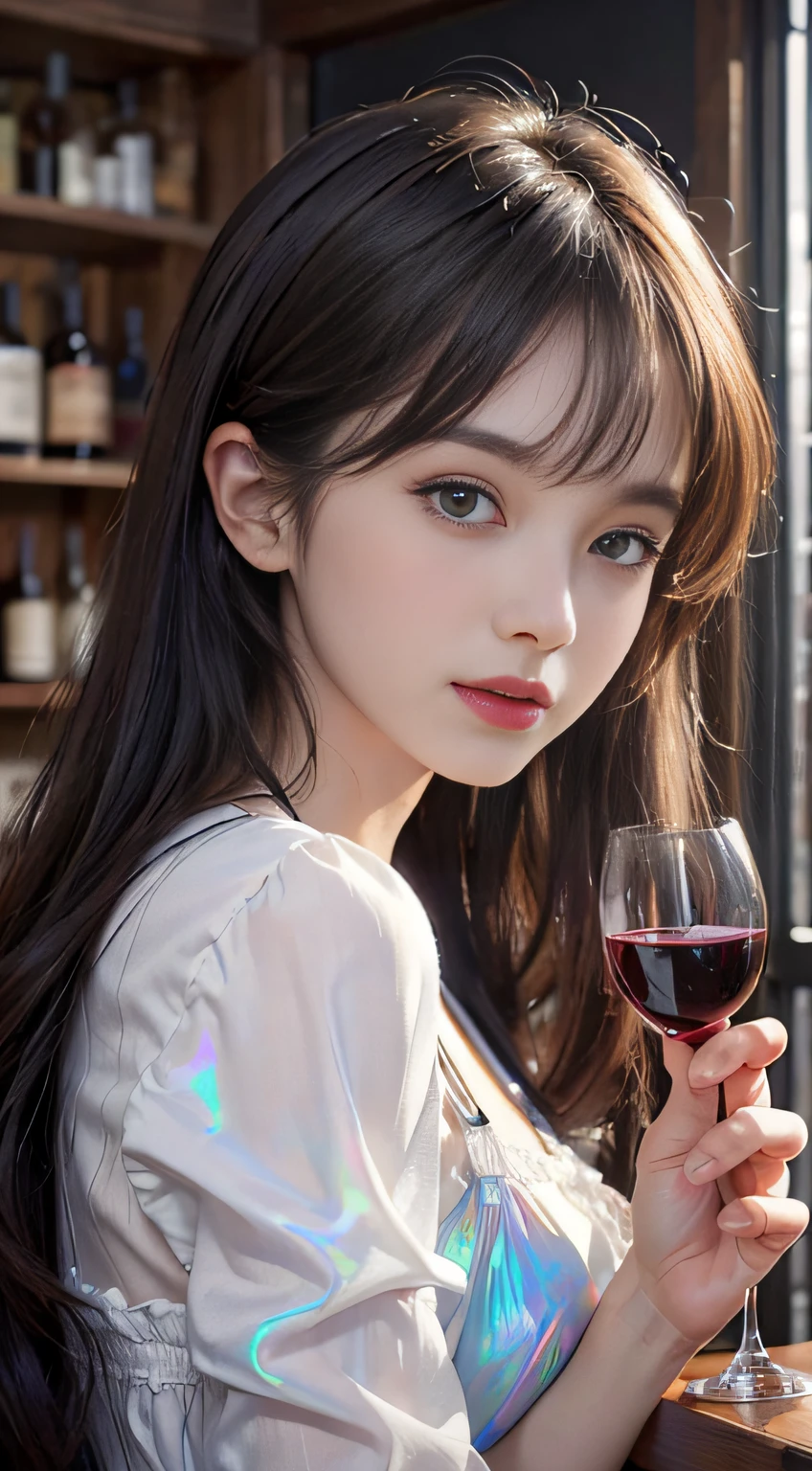 ((masterpiece: 1.3),8K, Realistic, RAW Photos, Highest quality: 1.4), (One Girl), beautiful顔, (Realistic Face), (Brown long hair: 1.3), bangs, Perfect dynamic composition,(High quality with attention to detail, Realistic depiction of eyes:1.3)、bar counter,sit down on the chair,at bar、night time,(((Cocktail glass in hand、Gold One Piece))),whole body、The whole is facing forward、21talent、beauty、Well-formed face、Bangedium Build、Balanced ratio、beautiful足、Black short-sleeved blouse、Fresh face、beautiful景色、beautifulヘアスタイル, (bangs), (smile), smile, Realistic eyes, Gloss, highlight, highlight in the Eyes, eyelash, 目の中のbeautifulディテール, (Realistic Skin), Shooting from the air、beautiful肌, Transparency、(beautiful)、 bust, smile, teeth, Confused, charm, 超High resolution, Ultra-realistic, High resolution, Golden Ratio, Clear eyes, Wet, Mole, Looking into the camera, ear, Shine, Long neck, double eyelid, Big eyes, cheek, kind character, charm personality, kind, Move, 圧倒的なcharm, bright personality