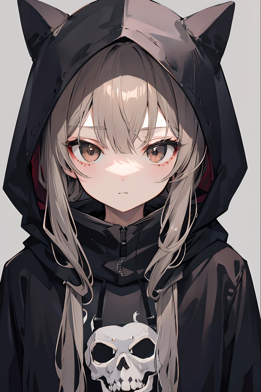 brown and gray girl wearing black hoodie and wearing skeleton mask
