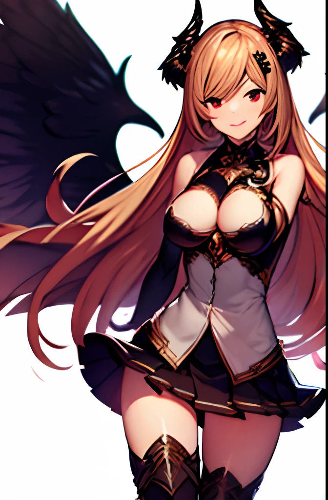 1girl, armor, black_gloves, black_legwear, black_wings, blonde_hair, commentary_request, dark_angel_olivia, gloves, hair_ornament, highres, horns, long_hair, looking_at_viewer, oekakizuki, pleated_skirt, red_eyes, shingeki_no_bahamut, skirt, solo, standing, wings