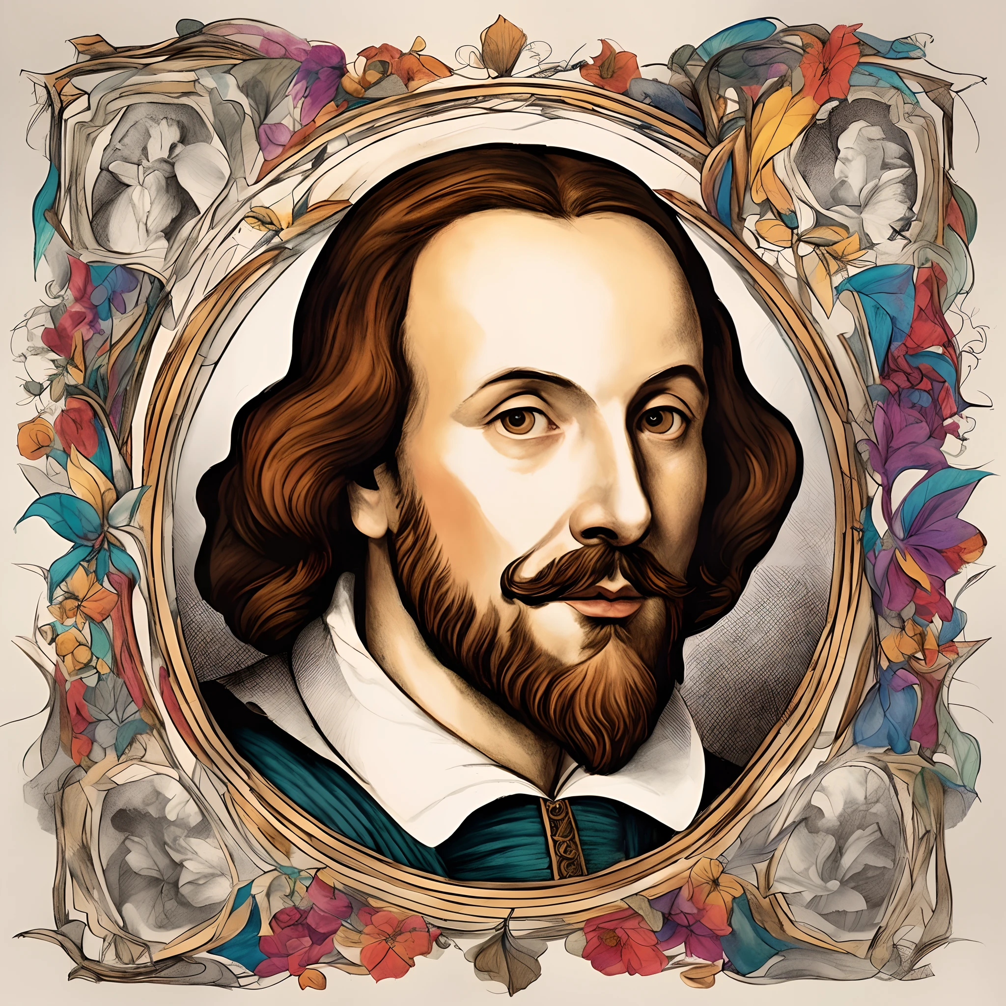 a drawing of a portrait of shakespeare character with a frame of flowers, inspired by William Dobson, william shakespeare, shakespeare, full color illustration, full color digital illustration, inspired by Johannes Mytens, tiziano vecelli, bard, inspired by Floris van Dyck, fan art, by Gawen Hamilton, official illustration, baroque digital painting, official artwork