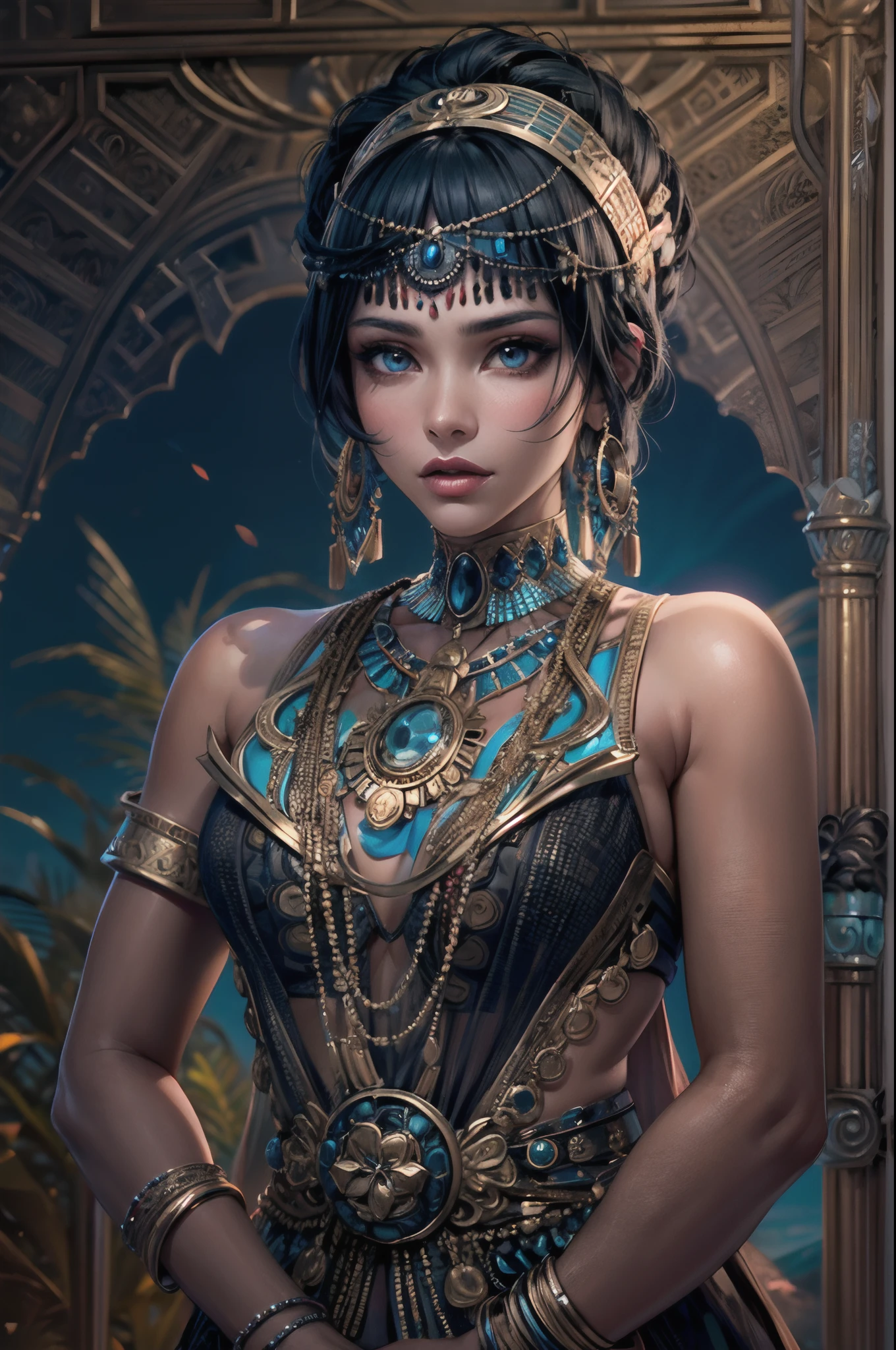 A photograph of Cleopatra with natural skin, short and voluminous black hair, sharp eyes with blue eyeshadow, a thin and upturned nose, shapely lips, an hourglass body shape, typical clothes, and makeup, intricately maximalist-detailed, vibrant, epic, smooth, cinematic, 4K, backlit, fantasy desert background, and a shallow depth of field.