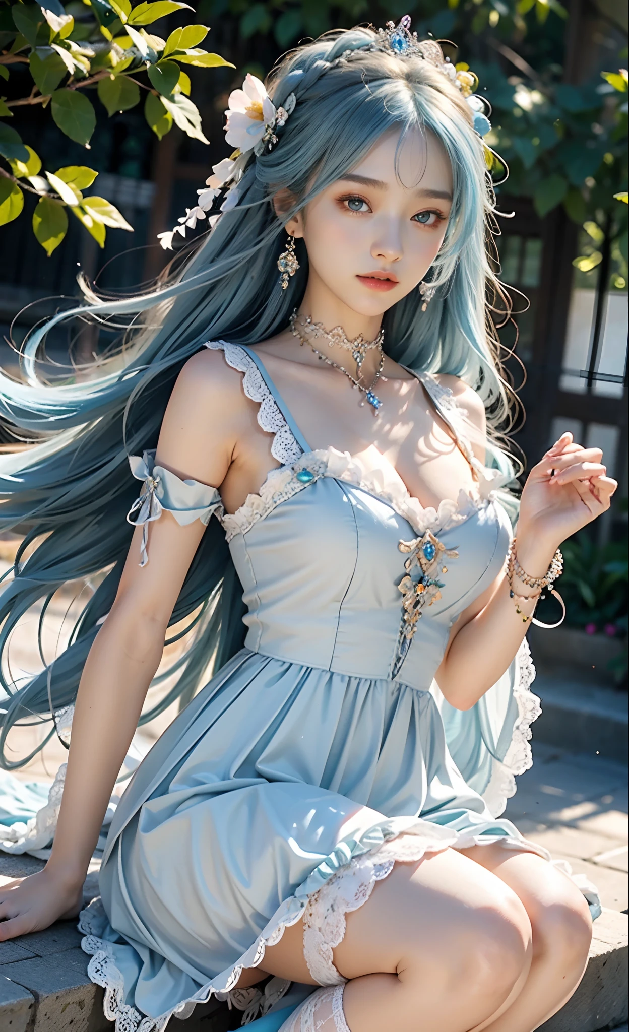 meticulous portrayal of face,1 noblewoman,(Lace orange Lolita maxi dress),(Long flowing light blue hair),Exquisite jewelry all over the body,Collar,Anklets,head chain,Lace-trimmed socks,(Lolita shoes), s the perfect face, perfect hand, Perfect Finger, Perfect lips, perfect eyes,Extremely normal body, Perfect background