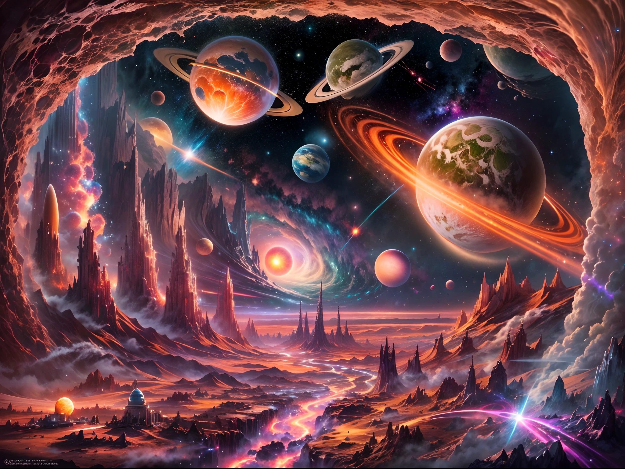 (realistic,photorealistic:1.37),space,astounding landscapes,spatially accurate planets and stars,vibrant cosmic colors,futuristic spacecraft,alien civilizations,ethereal beauty,glimmering galaxies,interstellar travel,black holes,nebulae,distant constellations,astronomical wonders,star-filled expanse,celestial bodies in motion,awe-inspiring cosmic phenomena,intense gravity,cosmic dust and gas,hypnotic gravitational lensing,astronauts exploring the unknown,deep space missions,breathtaking celestial phenomena,otherworldly vistas,intergalactic adventure,cosmic mysteries,planet exploration,technologically advanced civilizations,boundless universe,endless possibilities,interstellar journeys,colourful star clusters,distant solar systems,enigmatic cosmic landscapes,unveiling the secrets of the universe,interplanetary colonization,extraterrestrial life forms