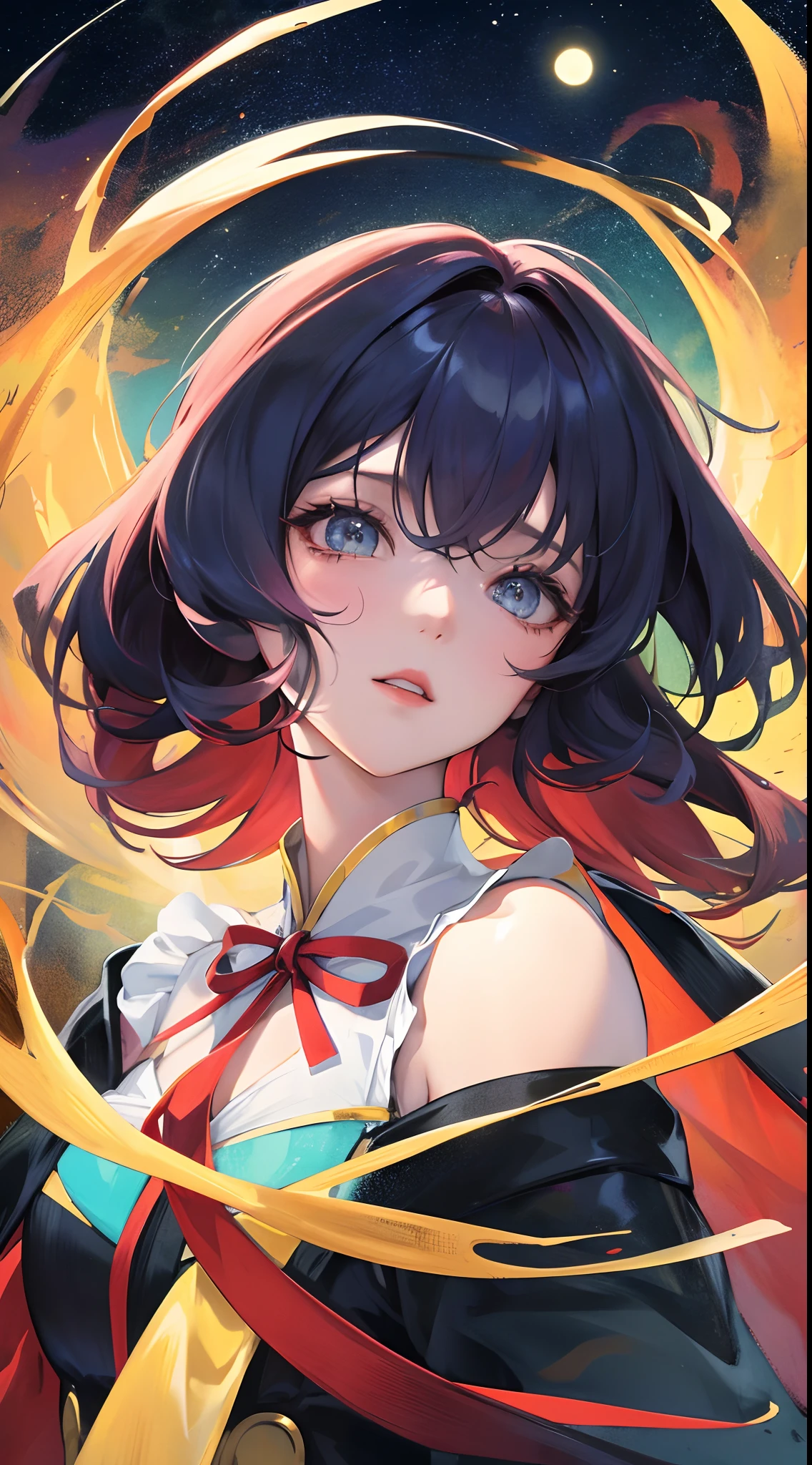 An anime girl,fire works,the night,themoon,official fanart,High-quality fanart,style of anime,offcial art,high detal,high qulity,Good atmosphere,delicated,cg render,detail render,(Delicate facial portrayal)(Fine hair portrayal)(Highest quality)(Master masterpieces)(High degree of completion)(a sense of atmosphere)(half-body portrait)