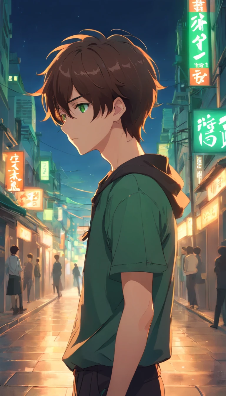 anime 20 year old boy, green eyes, brown hair, short hair, 8k, detail image, tattoos, wearing black outfit, sad, poor, shy, caring a ukulele, background should be in the streets full night.