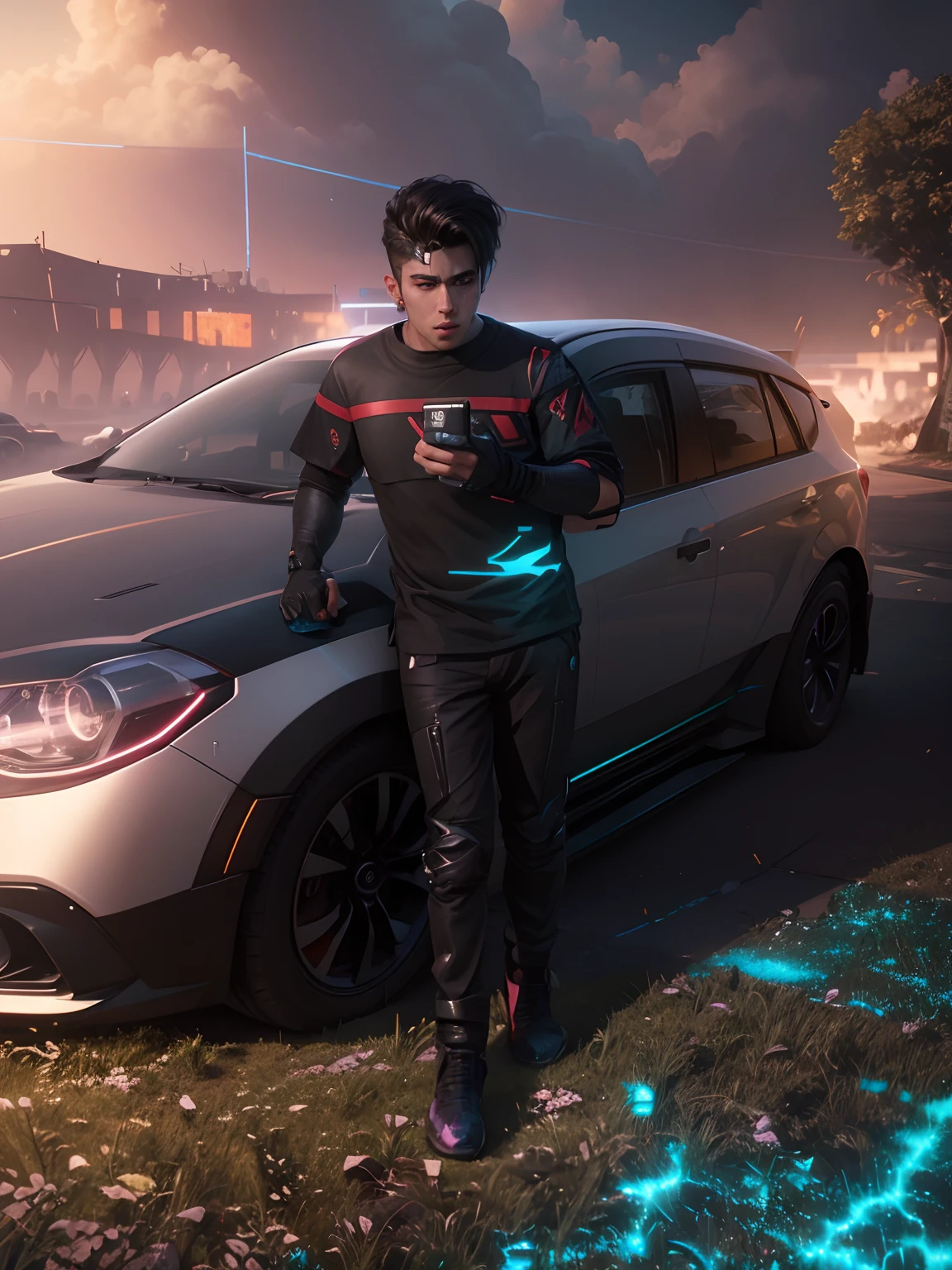 Change background cyberpunk, handsome boy, realistic face, 8k, ultra realistic