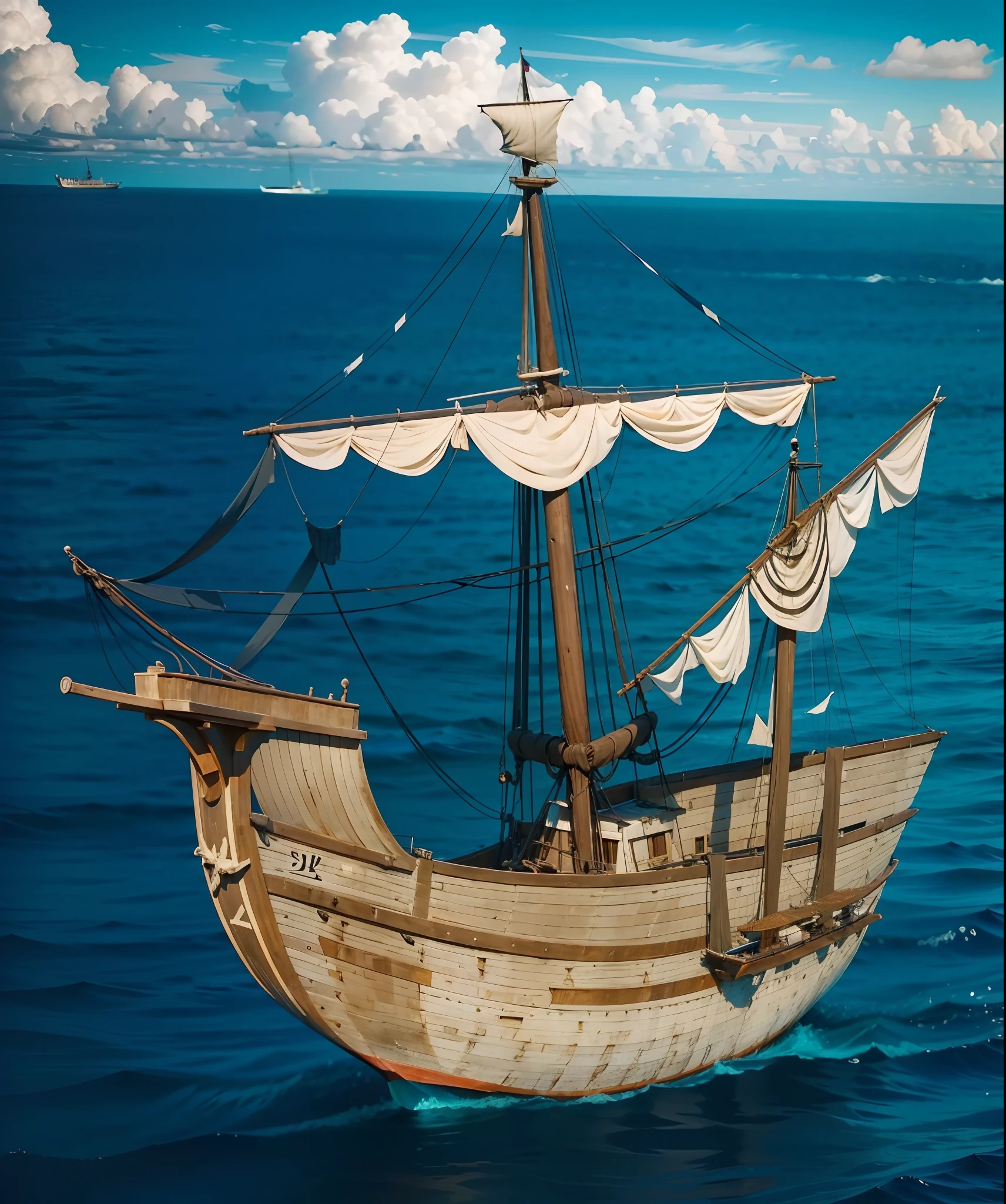 Show the whole and complete small Barinel ship，he main mast and the aft mast，There are only two masts in total，Early 16th century，small and quite round and quite wide hull，The sails have 2 pieces, 21 feet long，7 feet wide，4 feet wide. The boat is characterized by being strong enough, small Spacious, 50 tons。The hull is stocky and very round，The side of the ship is high