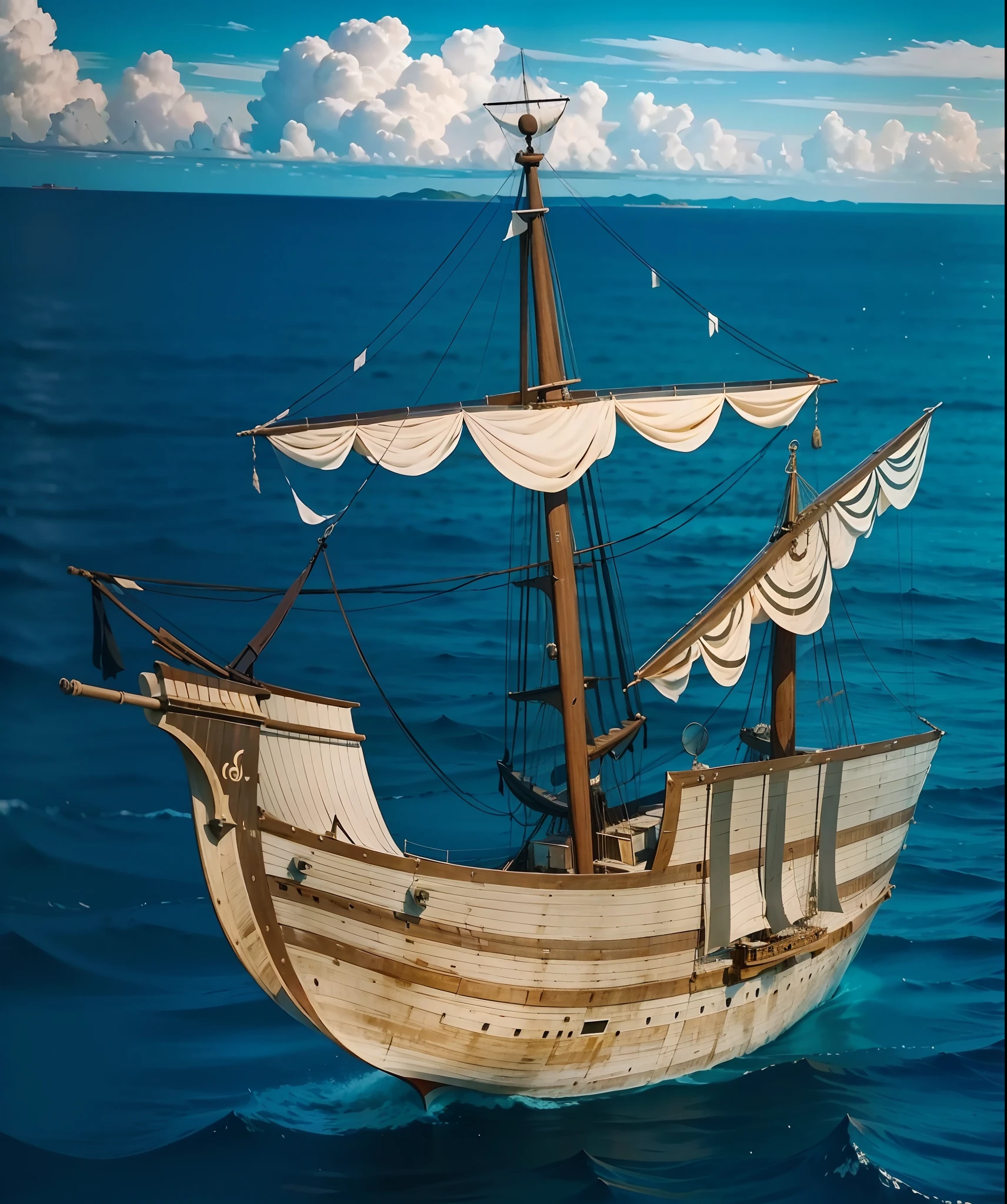 Show the whole and complete small Barinel ship,he main mast and the aft mast,There are only two masts in total,Early 16th century,small and quite round and quite wide hull,The sails have 2 pieces, 21 feet long,7 feet wide,4 feet wide. The boat is characterized by being strong enough, small Spacious, 50 tons。The hull is stocky and very round,The side of the ship is high