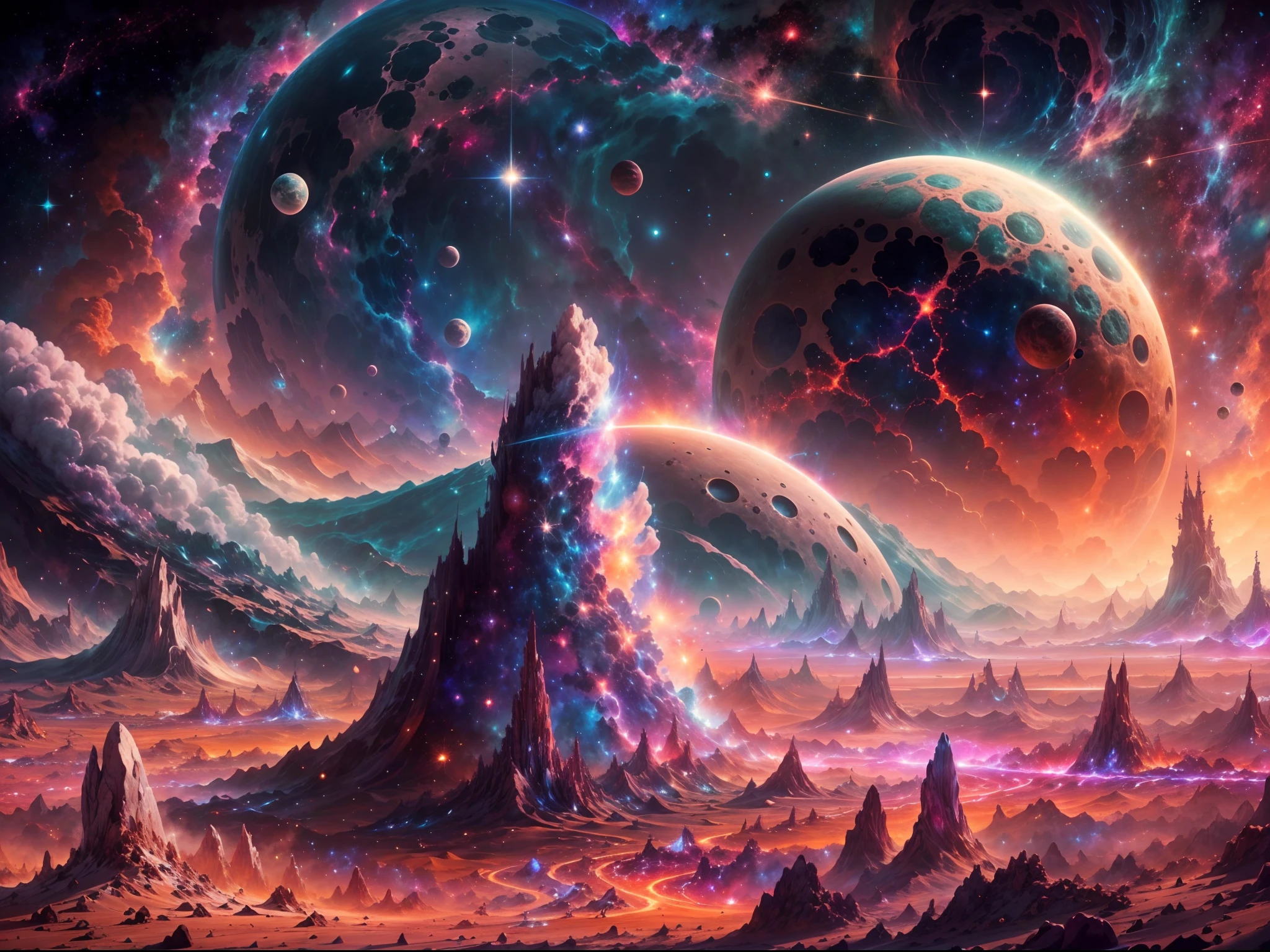 (realistic,photorealistic:1.37),space,astounding landscapes,spatially accurate planets and stars,vibrant cosmic colors,futuristic spacecraft,alien civilizations,ethereal beauty,glimmering galaxies,interstellar travel,black holes,nebulae,distant constellations,astronomical wonders,star-filled expanse,celestial bodies in motion,awe-inspiring cosmic phenomena,intense gravity,cosmic dust and gas,hypnotic gravitational lensing,astronauts exploring the unknown,deep space missions,breathtaking celestial phenomena,otherworldly vistas,intergalactic adventure,cosmic mysteries,planet exploration,technologically advanced civilizations,boundless universe,endless possibilities,interstellar journeys,colourful star clusters,distant solar systems,enigmatic cosmic landscapes,unveiling the secrets of the universe,interplanetary colonization,extraterrestrial life forms