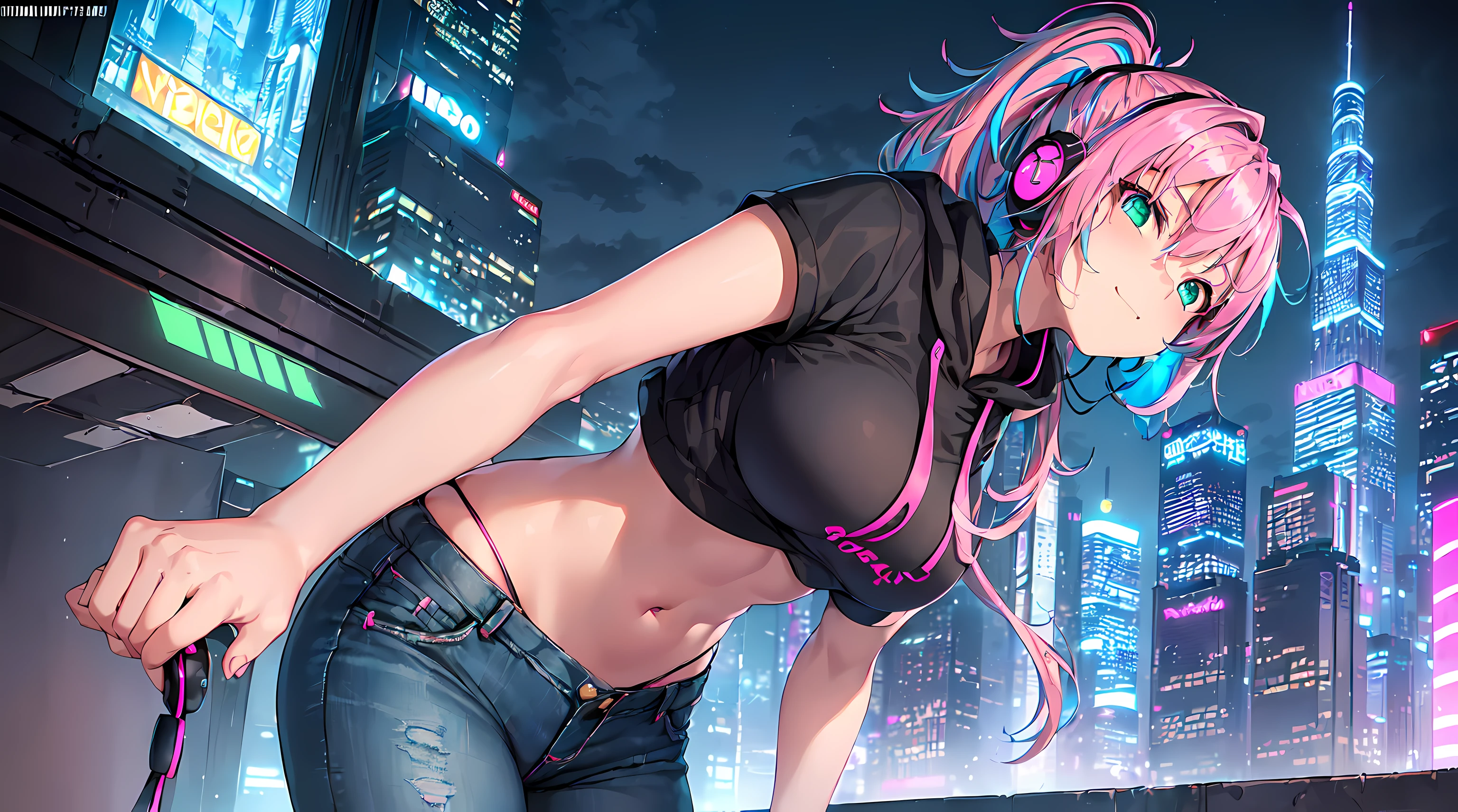masterpiece, 1girl ((20year old, Black short sleeve hoodie exposes navel, tight blue jeans, medium breasts, multicolor pink hair, twin ponytails, green eyes, Happiness, headphones, urban cityscape at night, neon lights and towering skyscrapers, futuristic and energetic atmosphere))