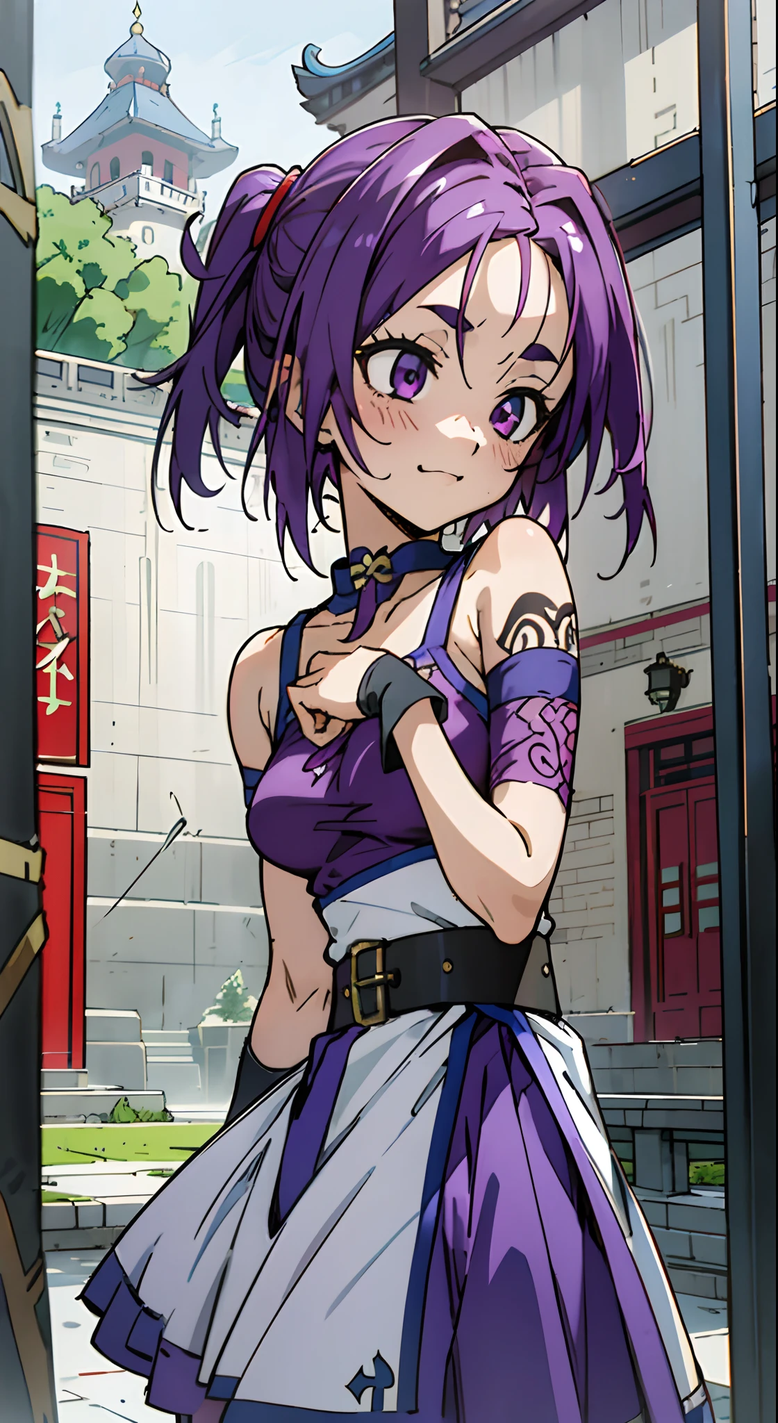 Masterpiece, Best quality, Ultra-detailed, Off-the-shoulder attire, Colorful,take up close, Hyper-detailing,purple color hair, Ultra-realistic hair quality, Vibrant colors, Beautuful Women, Beautiful long hair, Shiny hair, detailed hairs, reo mikage, bluelock, no sleeves, camisole and cheongsam, chinese clothes, chest exposure, lace underwear, the kinky is exposed, choker, black choker, arm warmers, Relative area, a belt, sexy breasts, tattoo, arm tattoos, dragon tattoo, wrist tattoo, hand tattoo, big breasts, red blush, 1girl, Solo, sharpy face, heterochromia, green eyes, purple eyes, Bare neck, happiness face, rays of sunshine, brautiful sky, shining sky, shanghai, china, castle