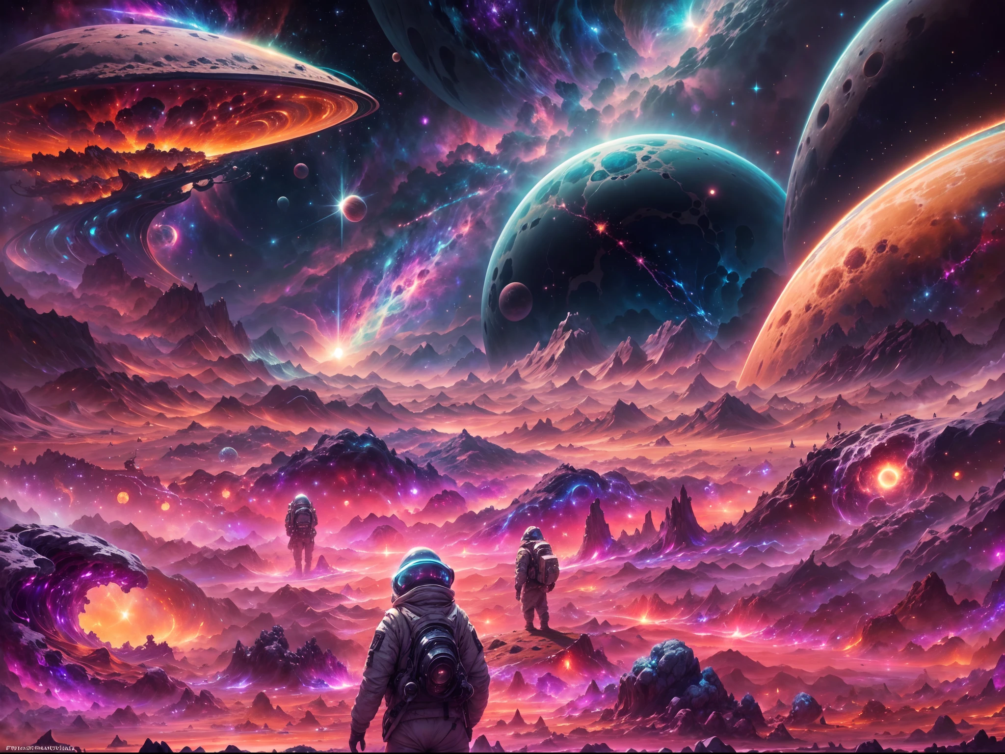 A man standing in front of a colorful space filled with planets - SeaArt AI