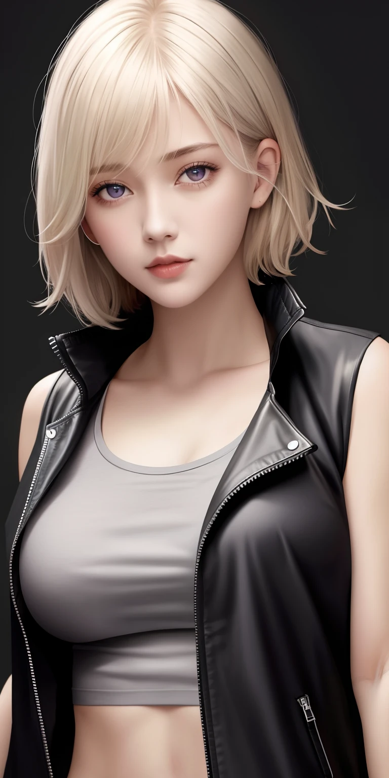 1girl, (gray t-shirt,extra clothes,black jacket), blonde hair,short hair,purple eyes,bare Belly,One hand holds the zipper,standing a room, detailed face, detailed eyes, huge breasts, shiny skin, looking at the audience, (8k, RAW photo, best quality, masterpiece: 1.2), (realistic, realistic: 1.37), ultra-high resolution