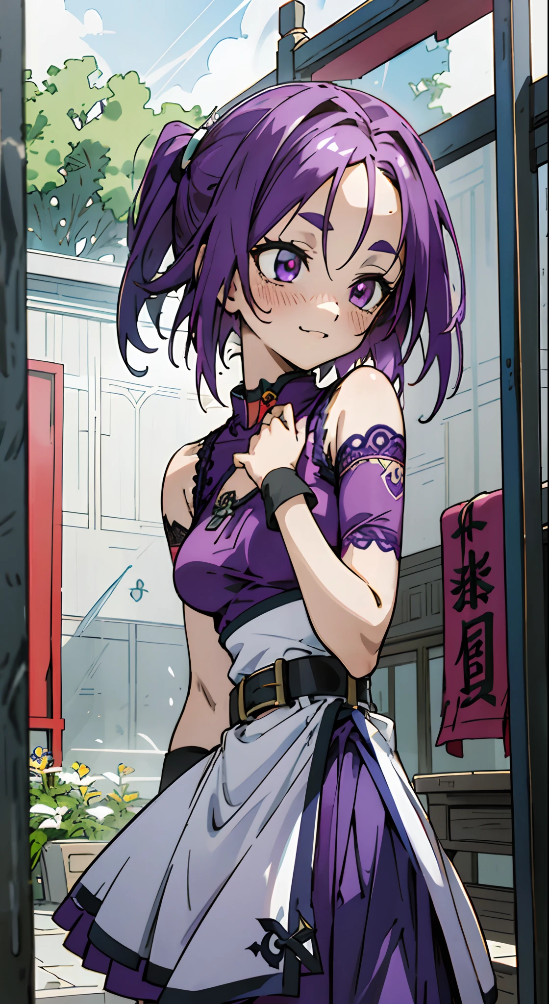 Masterpiece, Best quality, Ultra-detailed, Off-the-shoulder attire, Colorful,take up close, Hyper-detailing,purple color hair, Ultra-realistic hair quality, Vibrant colors, Beautuful Women, Beautiful long hair, Shiny hair, detailed hairs, reo mikage, bluelock, no sleeves, camisole and cheongsam, chinese clothes, chest exposure, lace underwear, the kinky is exposed, choker, black choker, arm warmers, Relative area, a belt, sexy breasts, tattoo, arm tattoos, dragon tattoo, wrist tattoo, hand tattoo, big breasts, red blush, 1girl, Solo, sharpy face, heterochromia, green eyes, purple eyes, Bare neck, happiness face, rays of sunshine, brautiful sky, shining sky, shanghai, china, castle