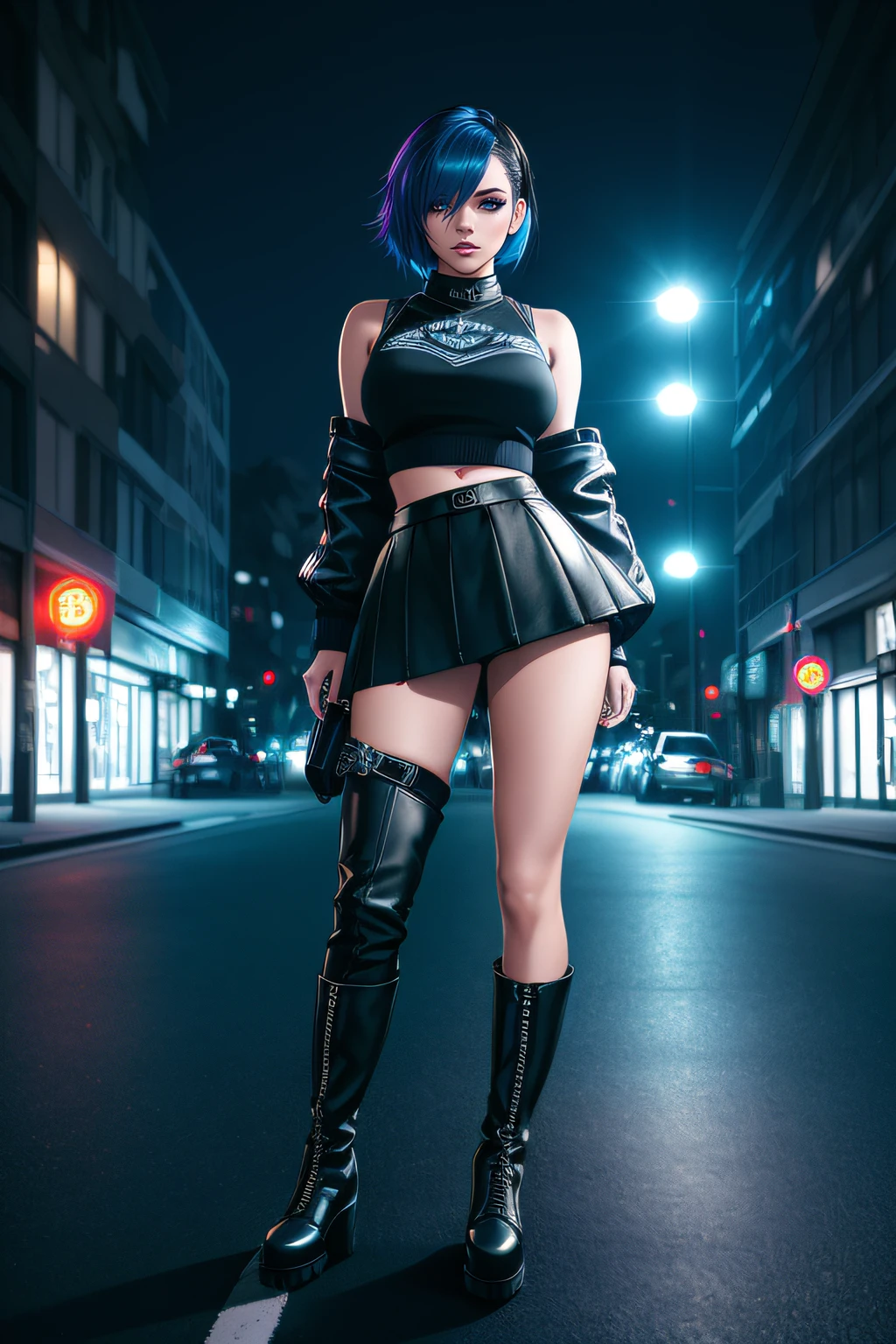 beautiful girl, full body, short bright blue dishevelled hair, black eyeshadow, (street style wear:1.2), ((tight fitted short skirt)), ((knee high leather boots)), (city night background:1.2), dark makeup, digital art, trending on artstation, highly detailed, fine detail, intricate,  beautiful detailed glow, detailed, Cinematic light, high-res, detailed facial features, sharp focus, smooth, aesthetic,