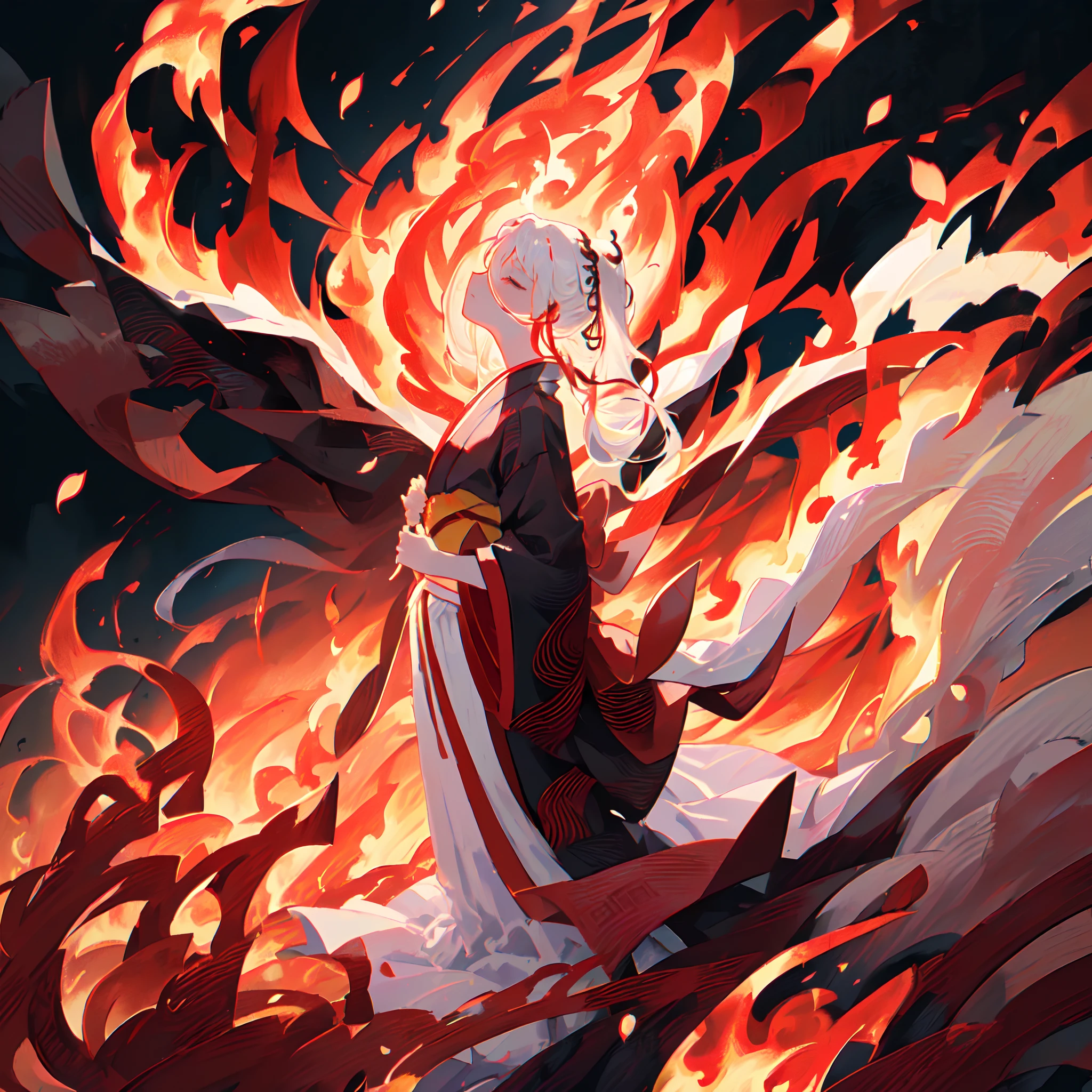 ((solo)), ((close-up side profile)) of a girl with (eyes closed), ((head tilted up)), white hair that is tied up, flowing hair, (burning flowers, fire), (lots of floating petals and flowers, motion blur), (black kimono, (red ribbons)), flowing cloth, (((red flames in background))), ((strong wind)), masterpiece, extreme details