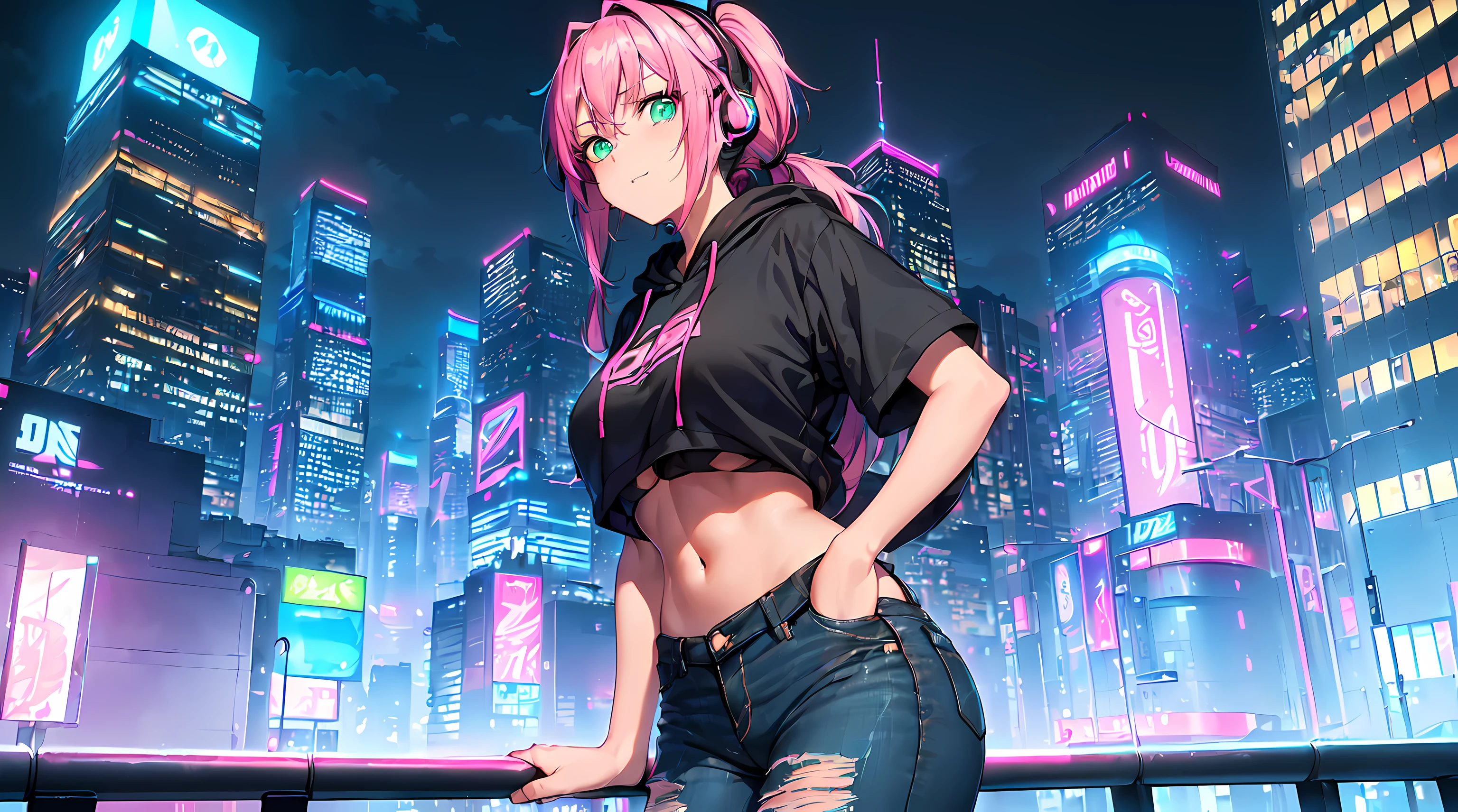 masterpiece, 1girl ((20year old, Black short sleeve hoodie exposes navel, tight blue jeans, medium breasts, multicolor pink hair, twin ponytails, green eyes, Happiness, headphones, urban cityscape at night, neon lights and towering skyscrapers, futuristic and energetic atmosphere))