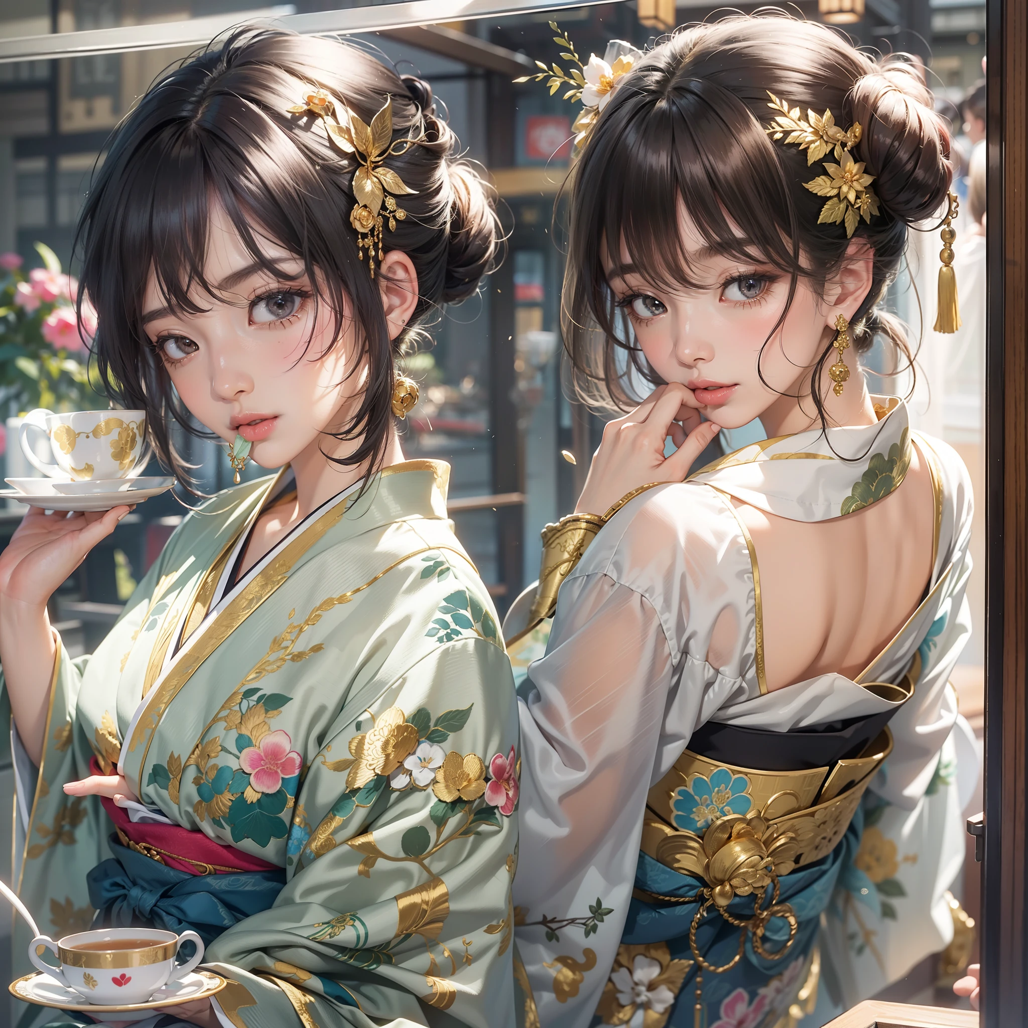 Detailed background(tea shop(The cityscape of Kyoto seen outside the window)),Laid on the table(a cake).Hold it in your right hand(cups＆saucer),BREAK,Put it in your mouth(a cake),BREAK,elaborate costume{Luxury kimono(Colorful kimono(Detailed golden embroidery,))}、(Japanese Idol(actress):1.2)(face perfect:1.2),Depicting a beautiful and classy adult woman。glossy dark hair(poneyTail),Heart in the eye。 Wallpapers 16K, .Blur the background with a sickle,((masutepiece)), ((Best Quality)),{{a portrait photo of}},full body Esbian