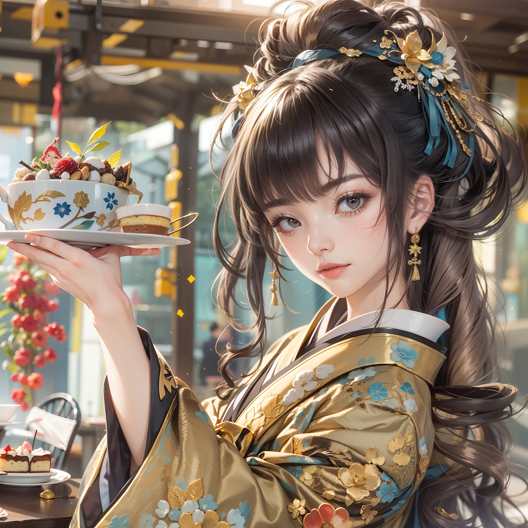 Detailed background(tea shop(The cityscape of Kyoto seen outside the window)),Laid on the table(a cake).Hold it in your right hand(cups＆saucer),BREAK,Put it in your mouth(a cake),BREAK,elaborate costume{Luxury kimono(Colorful kimono(Detailed golden embroidery,))}、(Japanese Idol(actress):1.2)(face perfect:1.2),Depicting a beautiful and classy adult woman。glossy dark hair(poneyTail),Heart in the eye。 Wallpapers 16K, .Blur the background with a sickle,((masutepiece)), ((Best Quality)),{{a portrait photo of}},full body Esbian