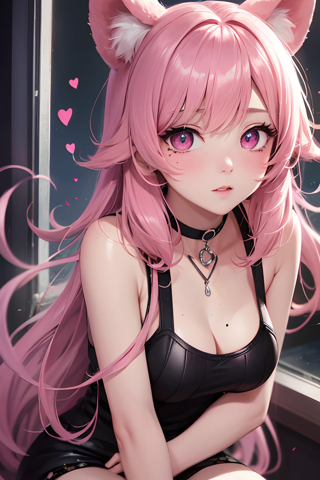 Cool women、sexy、Center of chest、Rize from Chainsaw Man、beauty、Yandere、、Face close-up、Kiss with your eyes closed、Chest tattoo、race、necklace、Pink Hair、(sexy)、(Kiss the viewer)