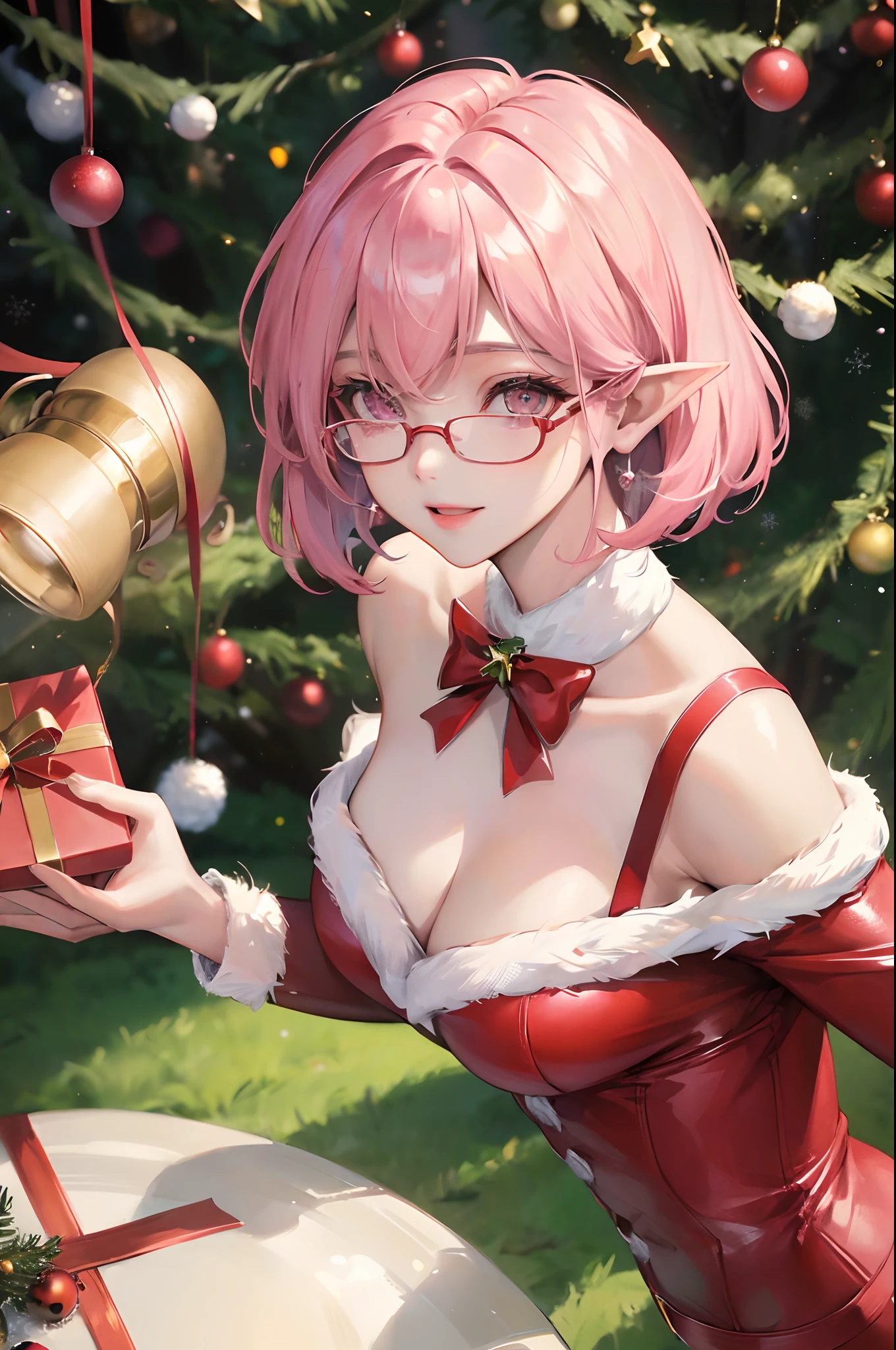 ​masterpiece、top-quality、Ultra Detail、, 1girl in,beautiful  lighting、adult lady、１girl with、(((18 years old)))、(((High school students)))、(((Best Beautiful Girl)))、(((Colossal tits)))、ren、Beautie、Red glasses(((Red glasses)))、(((Christmas)))、(((Open a gift)))、(((Parti)))、(((Christmas tree)))、(((Merry Christmas)))、little blush、Beautie、（shiny lip：1.1）、（beautidful eyes：1.1）、fantastic hair、short-hair、bob cuts、Platinum Pink Hair、Red glasses、Platinum pink eyes、elf-ears、Well-formed face、large full breasts、A smile、masutepiece、Best Quality、High resolution、Cowboy Shot、From Side、Pale skin staring at the viewer、Curve、Blunt bangs、Best Smile、