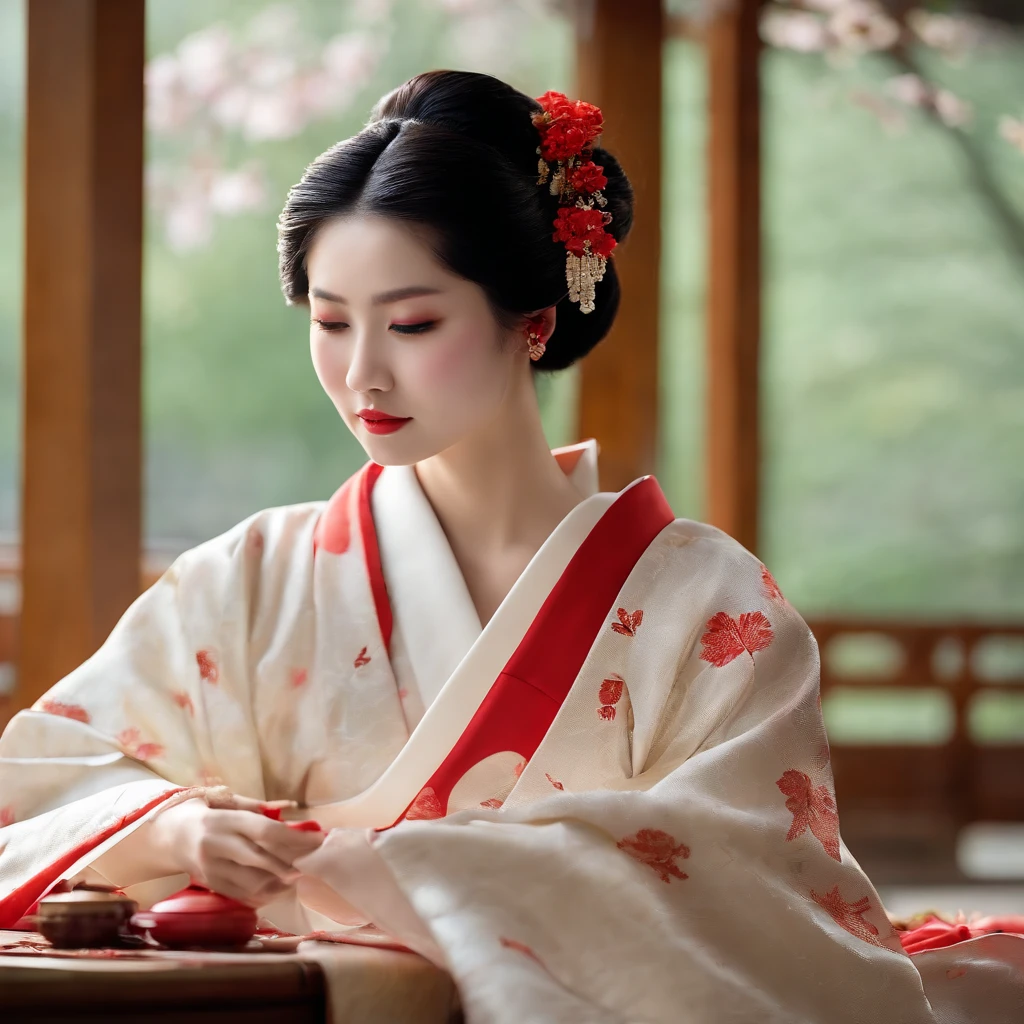 (best quality,4k,8k,highres,masterpiece:1.2),ultra-detailed,(realistic,photorealistic,photo-realistic:1.37),japan woman indoor in red kimono,intense background,traditional japanese room,impeccable makeup,delicate floral patterns,graceful geisha-like pose,elegant traditional accessories,pink cherry blossoms,soft natural lighting,subtle ombre color scheme,japan art style,sublime beauty,refined cultural heritage,ethereal ambiance,serene and tranquil atmosphere,meticulous attention to detail,authentic cultural representation,eye-catching artistic composition,vibrant red kimono,bold and rich color palette,captivating expression,charming smile,exquisite attention to fabric texture,subtle nuances of light and shade,harmonious balance between tradition and modernity,sophisticated yet approachable presence,graceful and feminine posture,traditional hair accessories,stunning grace and elegance,traditional tatami mats,oriental ornaments and furnishings,minimalist Zen aesthetics,authentic Japanese craftsmanship,proud display of cultural identity,evocative and timeless imagery