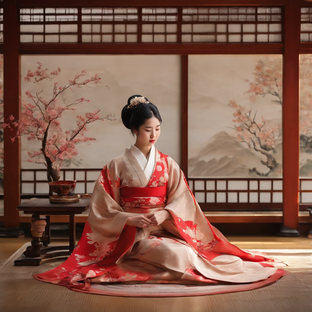 (best quality,4k,8k,highres,masterpiece:1.2),ultra-detailed,(realistic,photorealistic,photo-realistic:1.37),japan woman indoor in red kimono,intense background,traditional japanese room,impeccable makeup,delicate floral patterns,graceful geisha-like pose,elegant traditional accessories,pink cherry blossoms,soft natural lighting,subtle ombre color scheme,japan art style,sublime beauty,refined cultural heritage,ethereal ambiance,serene and tranquil atmosphere,meticulous attention to detail,authentic cultural representation,eye-catching artistic composition,vibrant red kimono,bold and rich color palette,captivating expression,charming smile,exquisite attention to fabric texture,subtle nuances of light and shade,harmonious balance between tradition and modernity,sophisticated yet approachable presence,graceful and feminine posture,traditional hair accessories,stunning grace and elegance,traditional tatami mats,oriental ornaments and furnishings,minimalist Zen aesthetics,authentic Japanese craftsmanship,proud display of cultural identity,evocative and timeless imagery