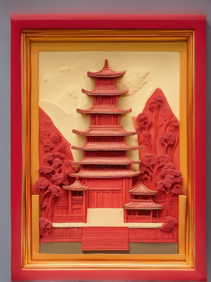 Ancient painting giant pen, Poetic, beijing, Great Wall of China, closeup cleavage, Gradient, Golden architecture, Matte red background, Trees and emperors decorate paradise
