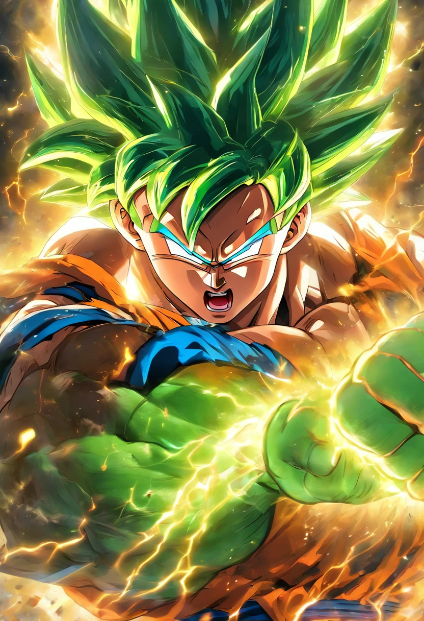a shirtless man,super muscular, spiky hair (saiyan style), headband, tail behind, green ki aura,red eyes,legendary super saiyan form, broly