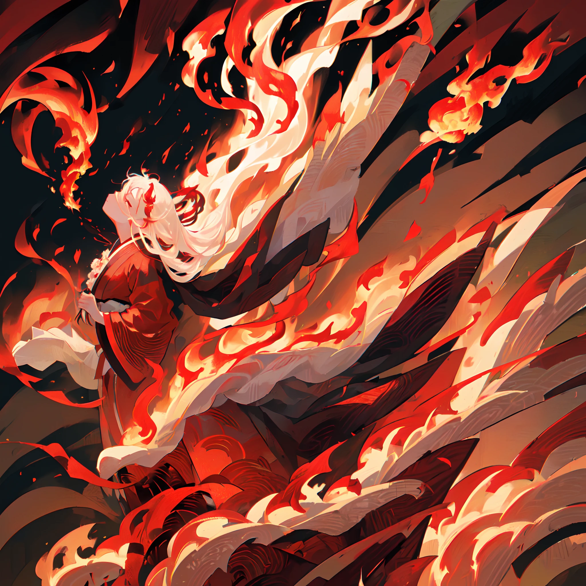 ((solo)), ((close-up side profile)) of a girl with (eyes closed), ((head tilted up)), white hair that is tied up, flowing hair, (burning flowers, fire), (lots of floating petals and flowers, motion blur), (black kimono, (red ribbons)), flowing cloth, (((red flames in background))), ((strong wind)), masterpiece, extreme details