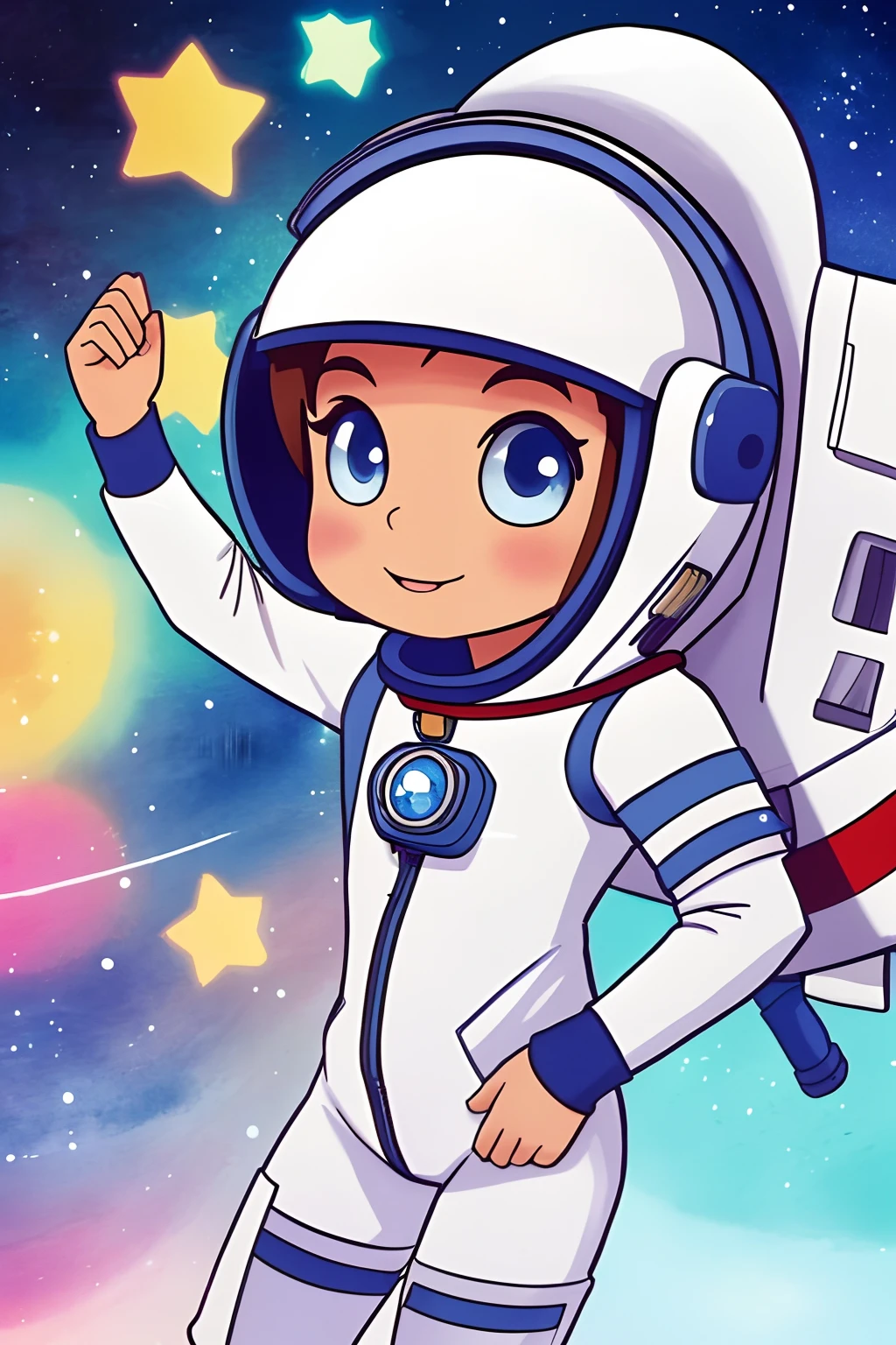 cute astronaut girl chibi, para capa livro infantil, fundo branco, poucos detalhes, Desenho simples, poucos outros elementos, Adesivo 2D, Corpo inteiro, desenho aquarela, HD