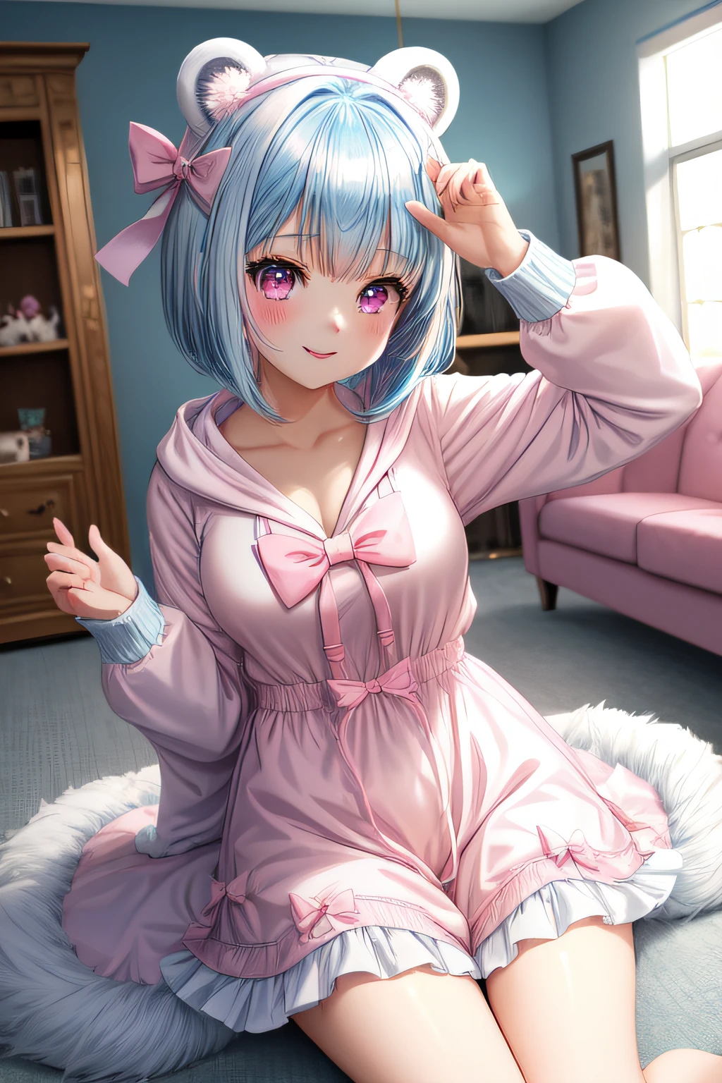 masutepiece, Best Quality, ultra-detailliert, hight resolution, extremely details CG, Face Focus, 1girl in, early teen, (Pale blue hair and pink eyes), Fluffy animal ears, Bangs, Short hair, Bow, Hair Bow, Pale blue bow, White hoodie, Polar bear ears, bob cuts, livingroom