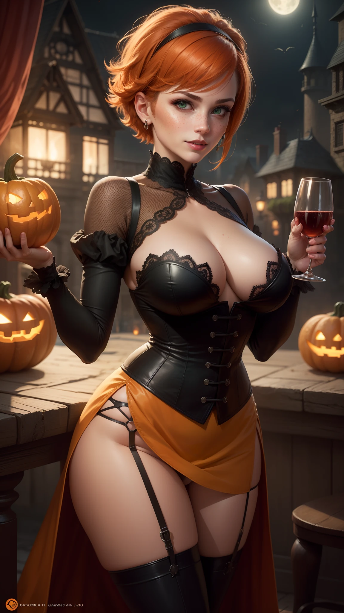 gwen tennyson,tracer,bulma,rebecca chambers,nier automata,solo girl,close up,moonlight,victorian steampunk skirt,victorian corset,masquerade dress and mask,red neck jewelry,body tattoos,garter belt,short hair,blood earrings,vampire fangs,holding one wine glass,pumpkin village,halloween castle,bats,gothic makeup,glowing pumpkin,green eyes,orange hair,shy smile,freckles,redhead,beautiful girl, large breasts,thigh high boots,ultra detailed,realistic,fantasy art,