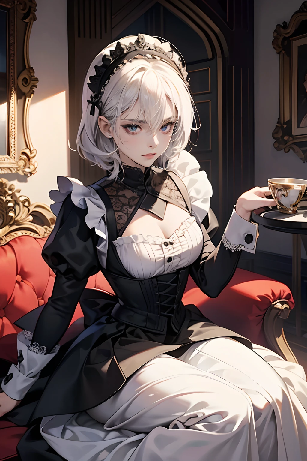 (tmasterpiece, high resolution,ultra - detailed:1.0),1 girl,Young and beautiful women,eye looking to camera,Perfect female body, (Vampire Castle), Extremely detailed CG,Unity 8k wallpaper，Complicated details, solo person, (Short white hair,Gothic maid clothes,Serious expression,Tray in hand),Luxurious living room,Gothic style,,Dark night,Portrait,color difference, Depth of field,dramatic shadow, Ray tracing, Best quality, Cinematic lighting,offcial art,